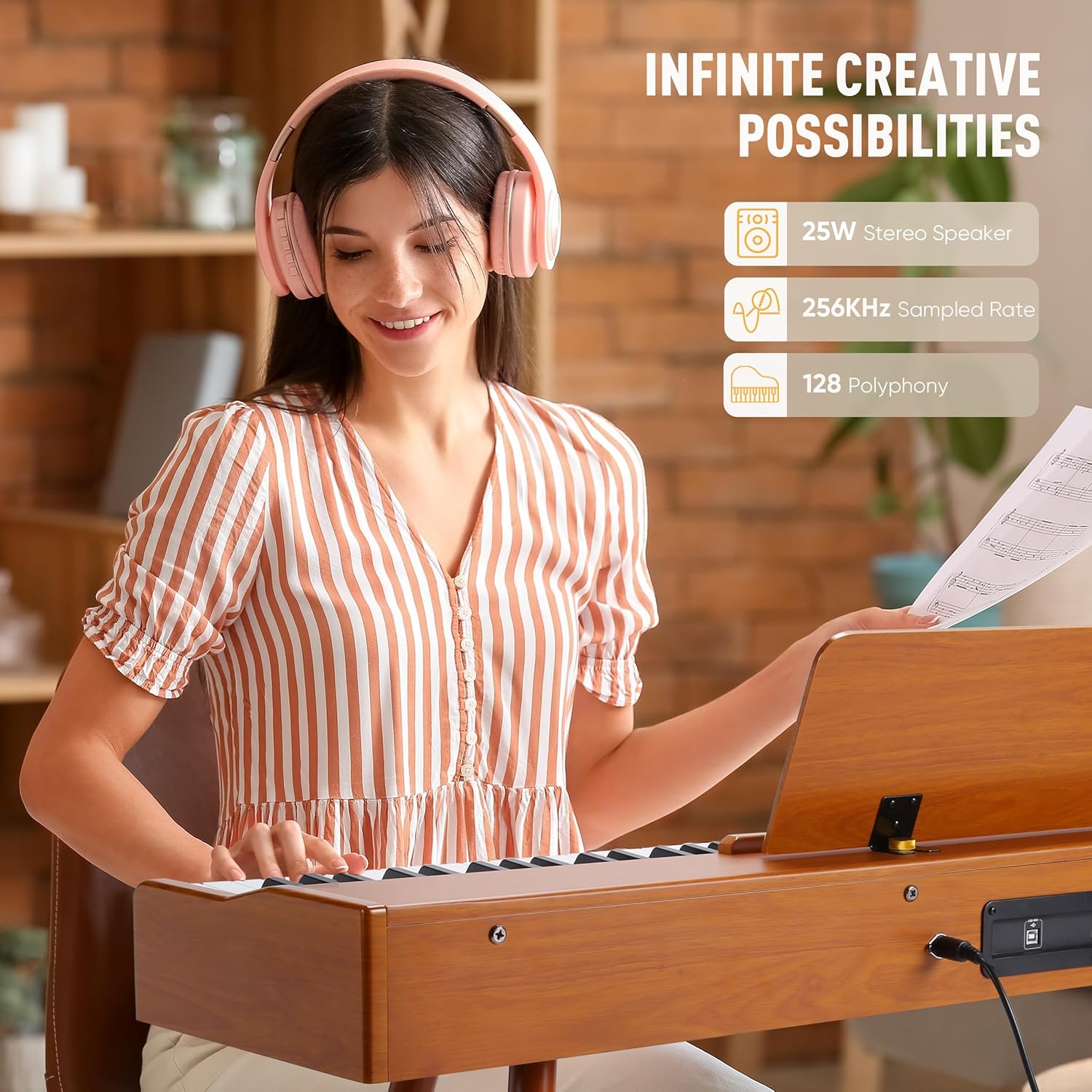 ALLSET Digital Piano | 88 Key Full Size Hammer Action Keyboard with Fully Weighted Keys | Includes Stand, Triple Pedal | Wood Brown | USB MIDI| HP-299 (Warm Brown Wood, Compact Upright Digital Piano)