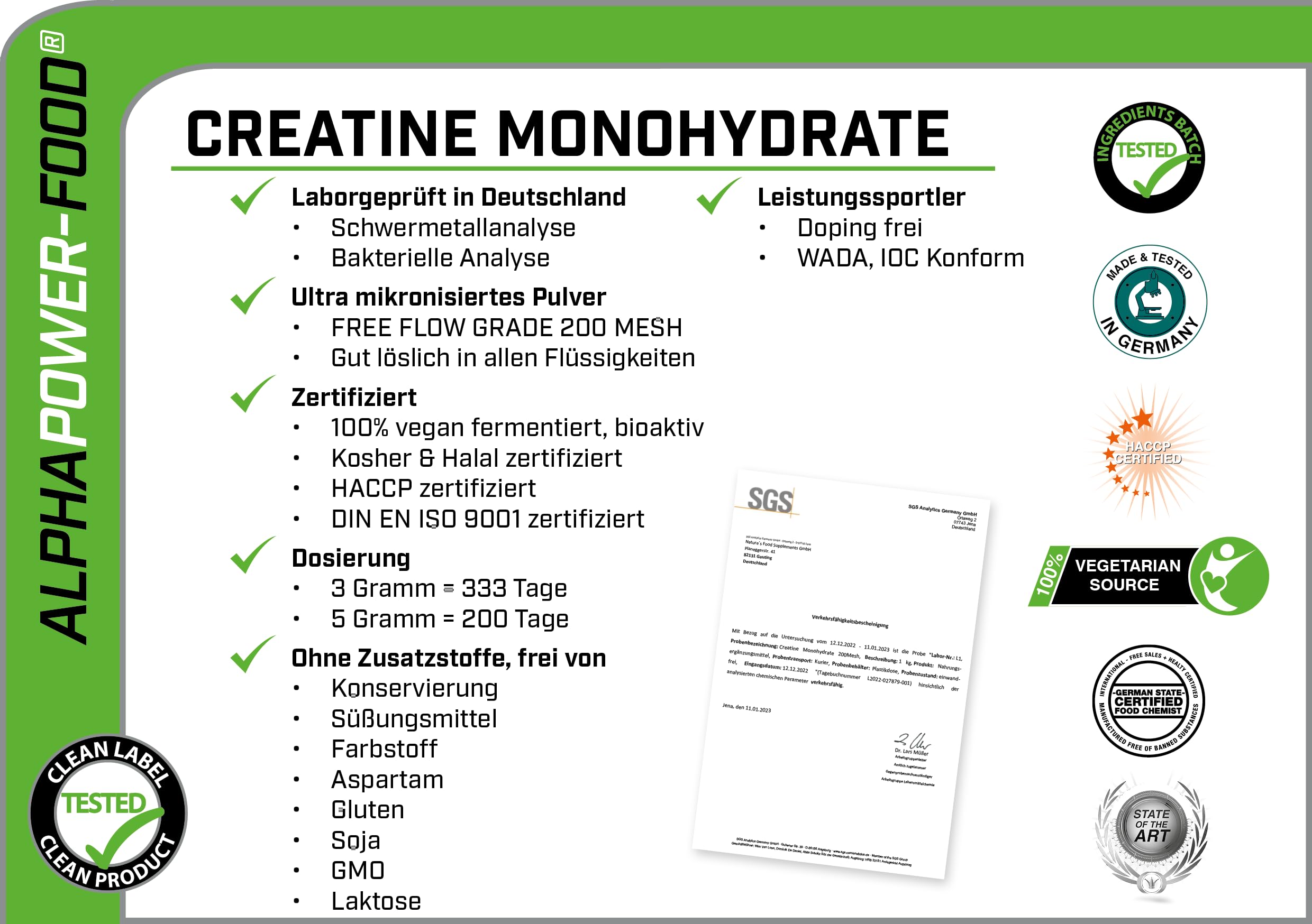 ALPHAPOWER FOOD Monohidrato de creatina, vegano, polvo de creatina bioactiva, 1 kg, probado en laboratorio, ultramicronizado de Alemania, certificado Kosher & Halal