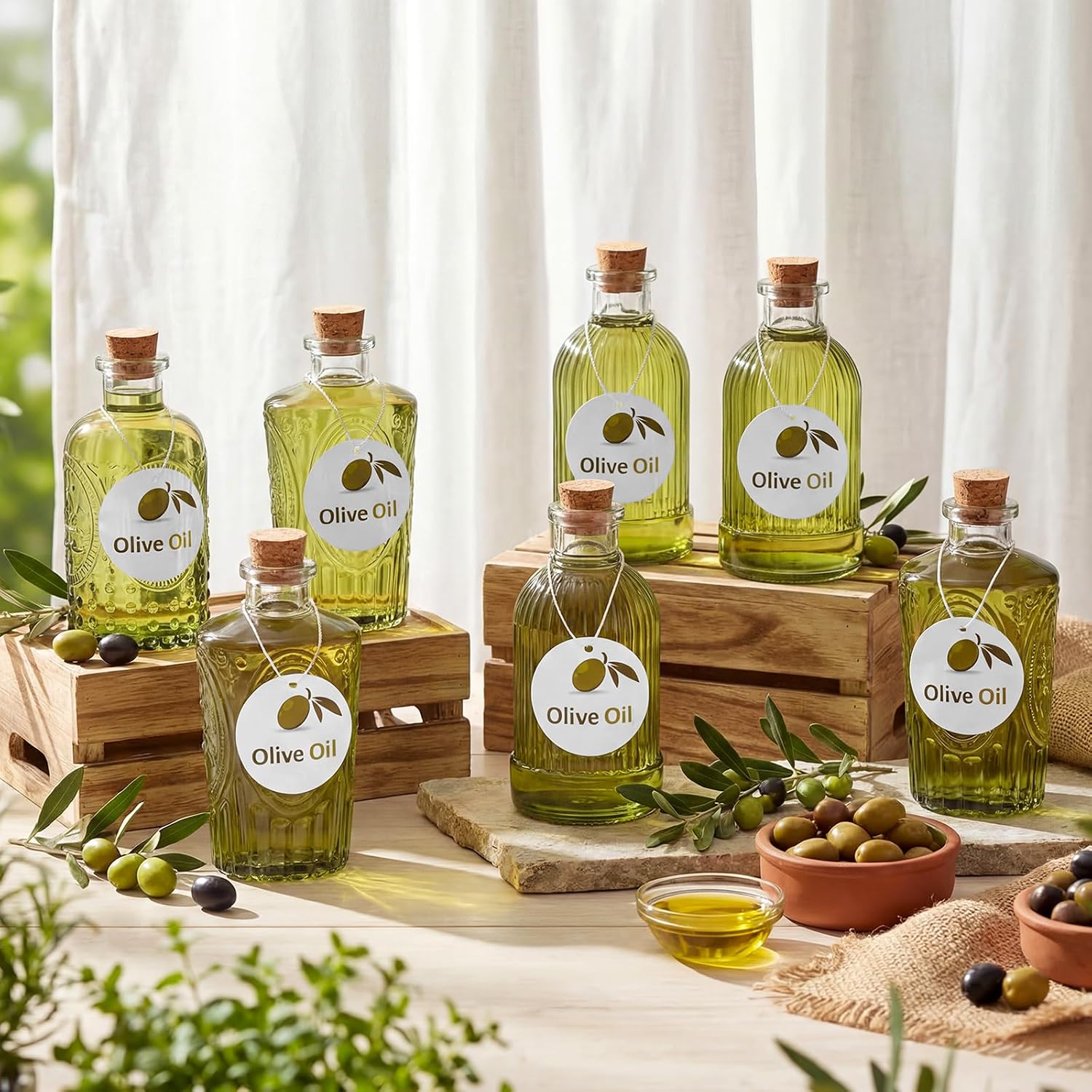 Hushee 12 Sets Olive Oil Dispenser Bottle with Stopper, 6.76 oz Glass Oil Cruet Dispenser with Label for Wedding Baby Shower Party Favors Gifts
