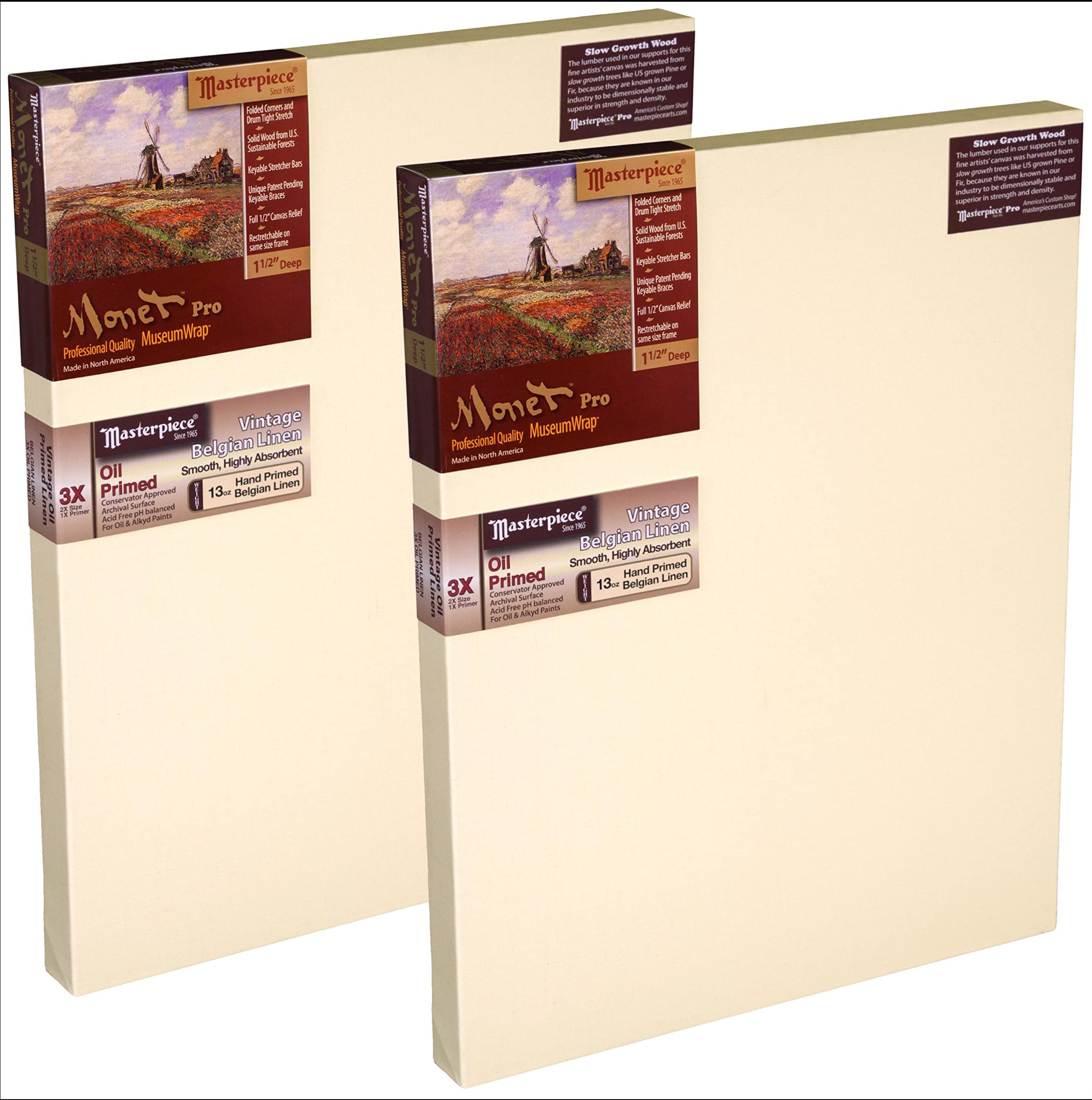 MasterpieceZ2MO-1620 Monet Pro 1.5" Deep Vintage L21C Belgian Linen 13.0 oz Oil Primed Linen Stretched Canvas 16" x 20" Cream 2 Pack