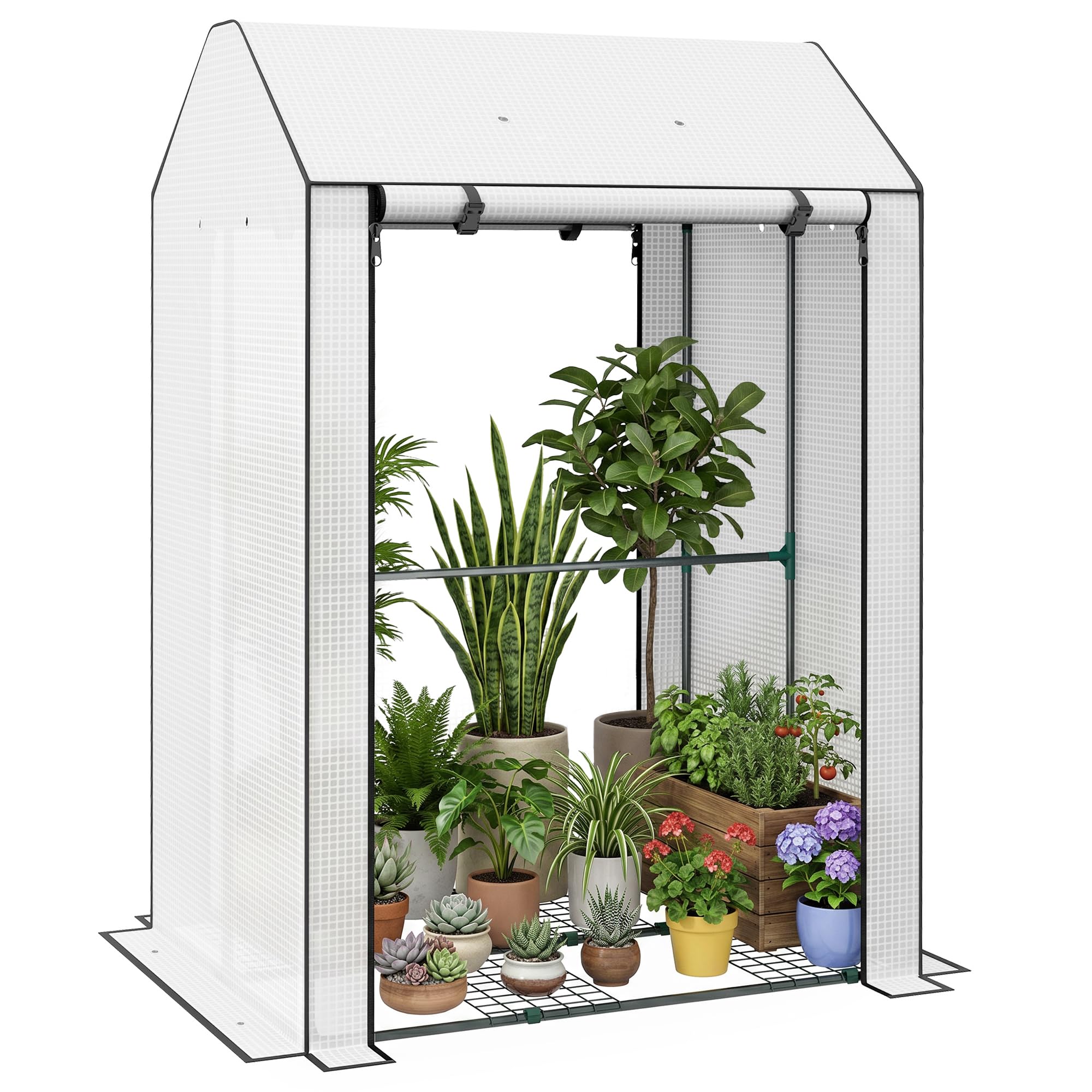 Outsunny Mini Greenhouse with 4 Wire Shelves, Portable Tomato Greenhouse, Upgraded Garden Grow House for Plants with Roll Up Door and Vents, 100 x 80 x 150cm, White
