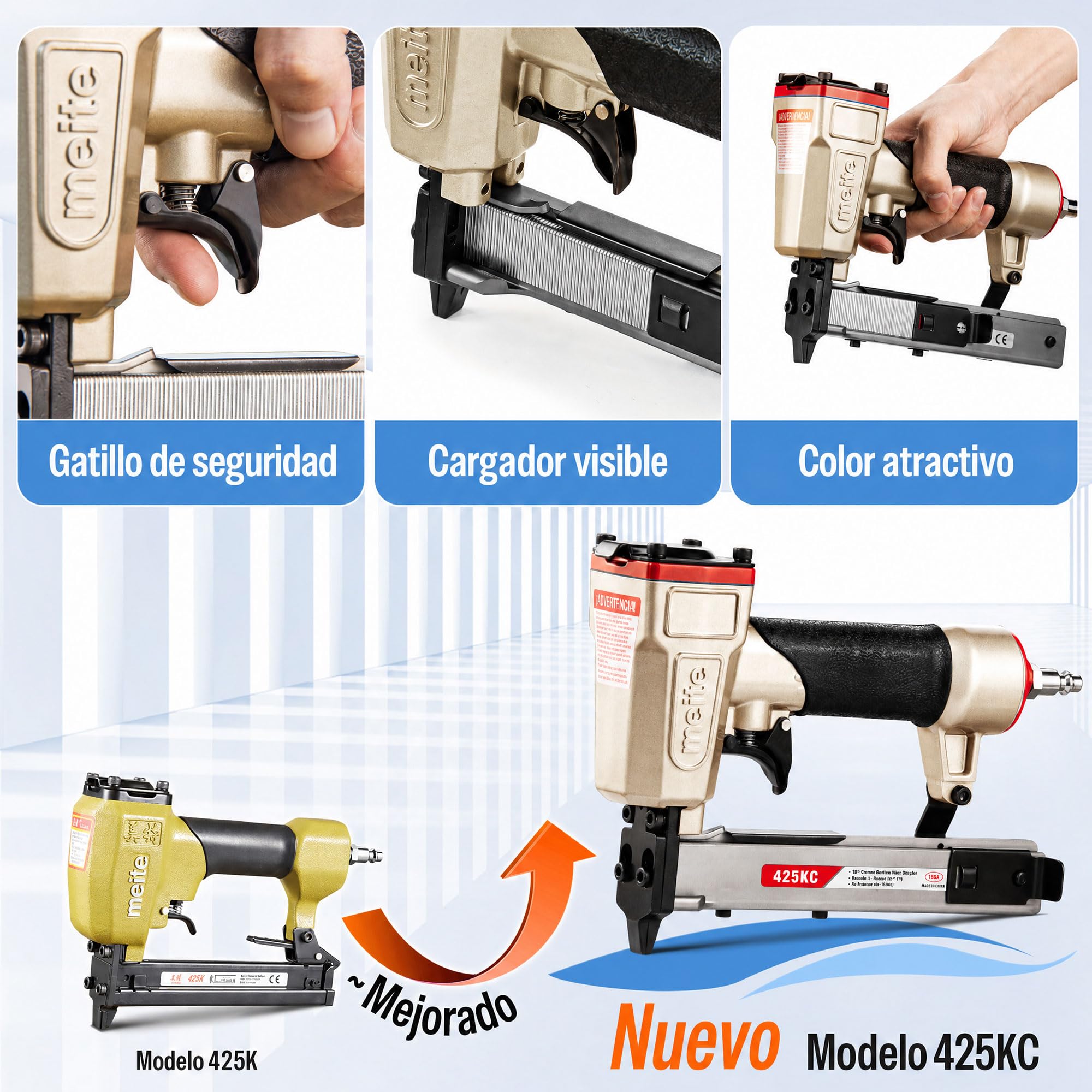 meite 425KC Grapadora Neumática de Corona Estrecha 18GA, Compatible con Grapas de 5,7 mm y 13-25 mm, con Gatillo de Seguridad, para Madera, Muebles, Tela y Cuero