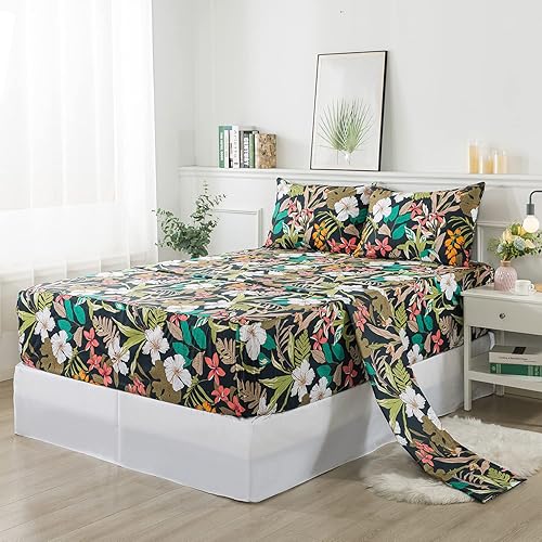 Miniatura 8 de FADFAY Juego de sábanas de tamaño matrimonial con estampado floral negro y rojo, sábanas suaves de algodón de 600 hilos con estampado de hojas,