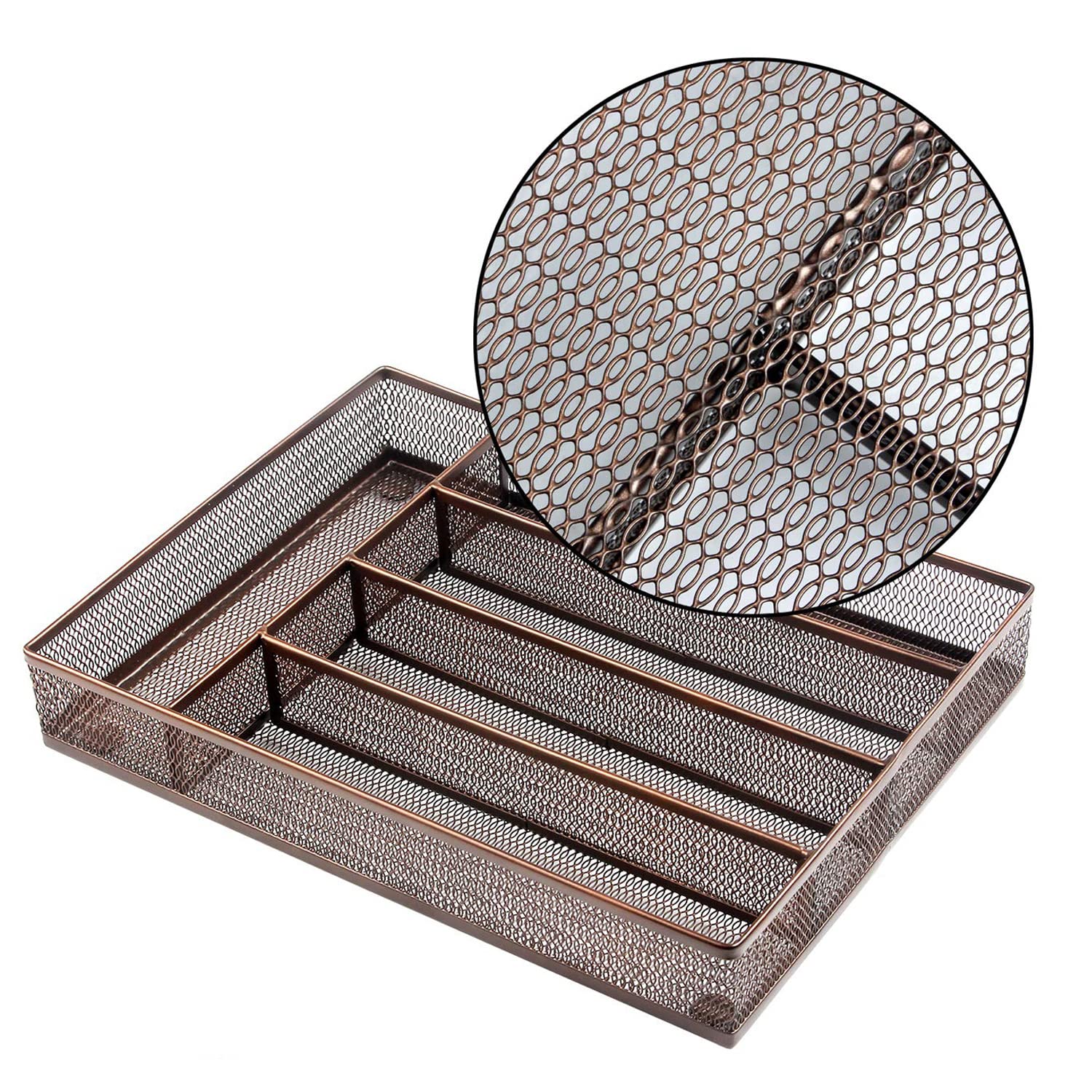 titivate Kitchen Cutlery Tray with 5 Compartments Storage, Utensil Drawer Organizer Mesh Flatware Silverware Holder for Forks/Knives/Spoons (Brown)