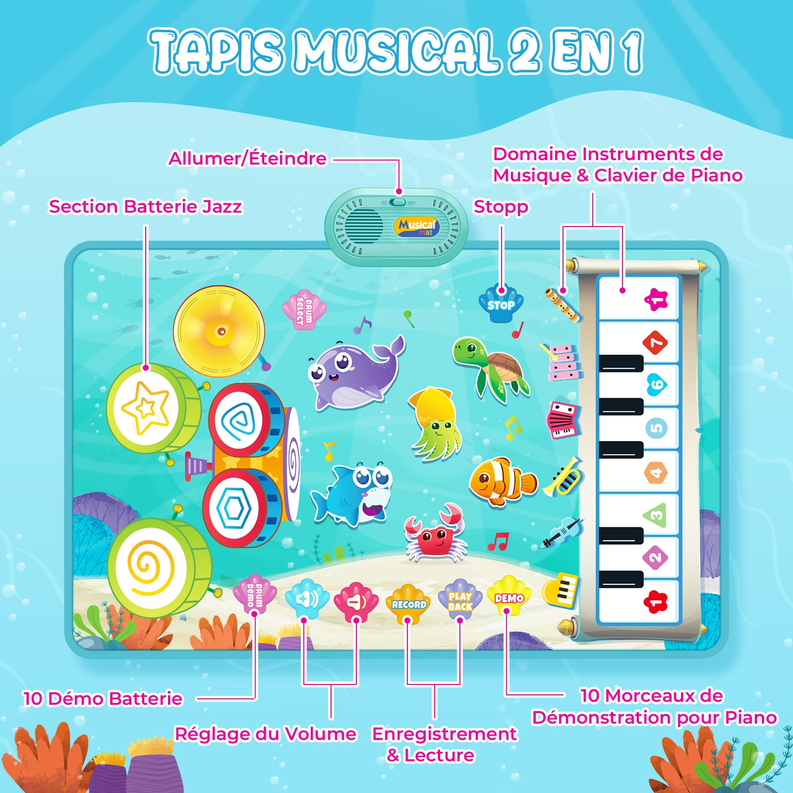 Jouet Bebe 1 an, Tapis Musical Bébé avec 6 Animaux Marins - Piano et Tambour 2 en 1, Jouet Éducatif pour Enfants de 1 à 3 Ans, Cadeau Parfait pour Noël et Anniversaire