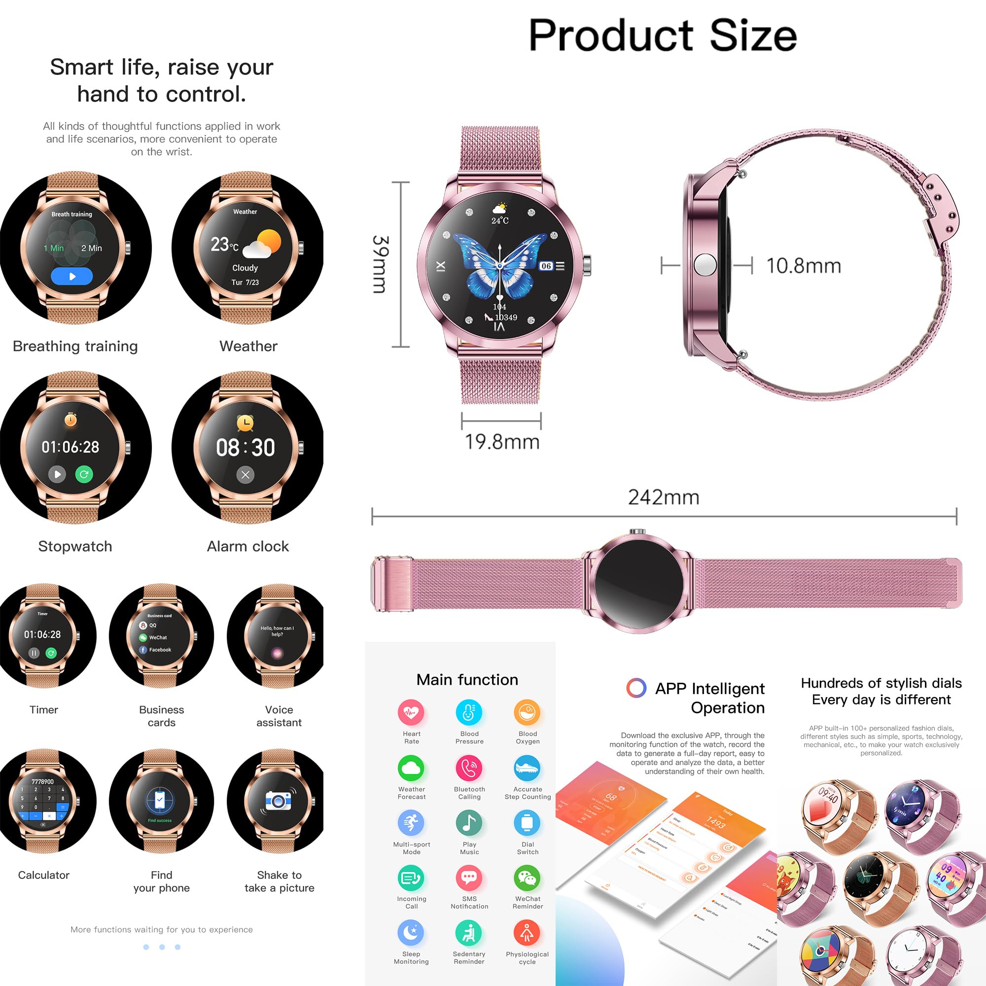 ZPIMY Reloj Inteligente Mujer con Llamada y Whatsapp, 1,09" IP68 Impermeable Reloj Smartwatch 123 Deportivo Mujer con Monitor Sueño, Oxígeno Sanguíneo, Podómetro, Pulsómetro Android iOS (Rosa)