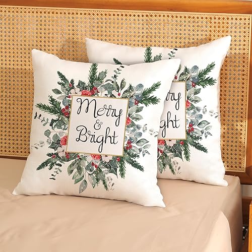 Miniatura 6 de Juego de 2 fundas de almohada navideñas de 18 x 18 pulgadas, diseño de hojas rojas de acebo navideño con hojas florales, decoración de invierno,