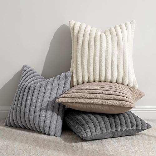 Miniatura 3 de MIULEE Juego de 4 fundas de almohada decorativas de felpa de piel sintética de 18 x 18 pulgadas, fundas de cojín bohemias suaves y mullidas a rayas