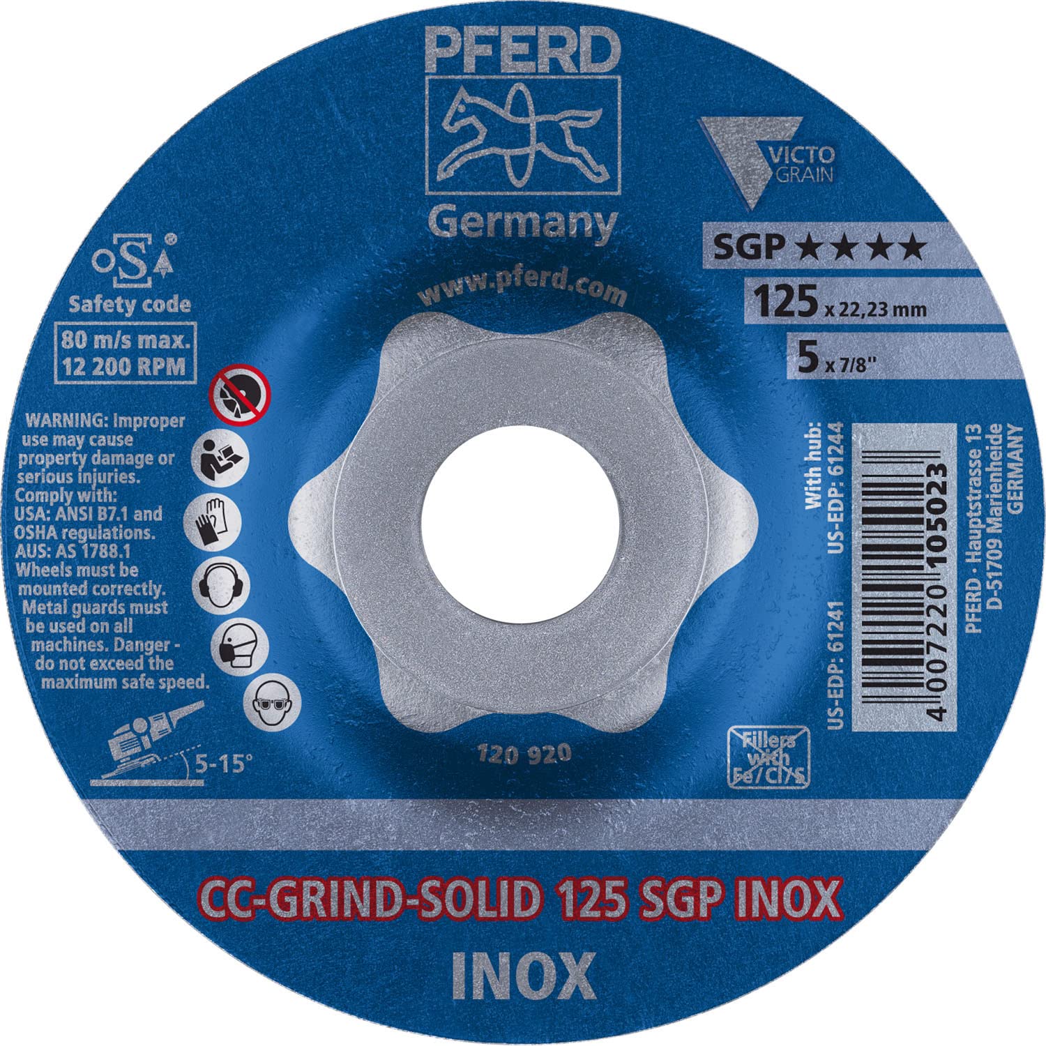 PFERD 5"" CC-Grind-Solid - 7/8"" A.H. - SGP INOX (61241) (10/Each)
