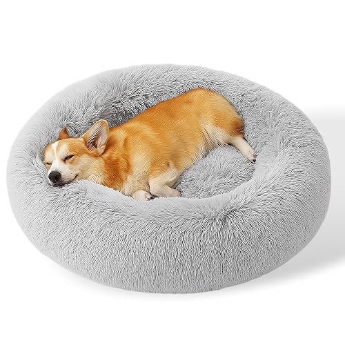 SEOUGEE Cama calmante para perros con forma de dona, cama redonda de felpa esponjosa, acogedora, suave