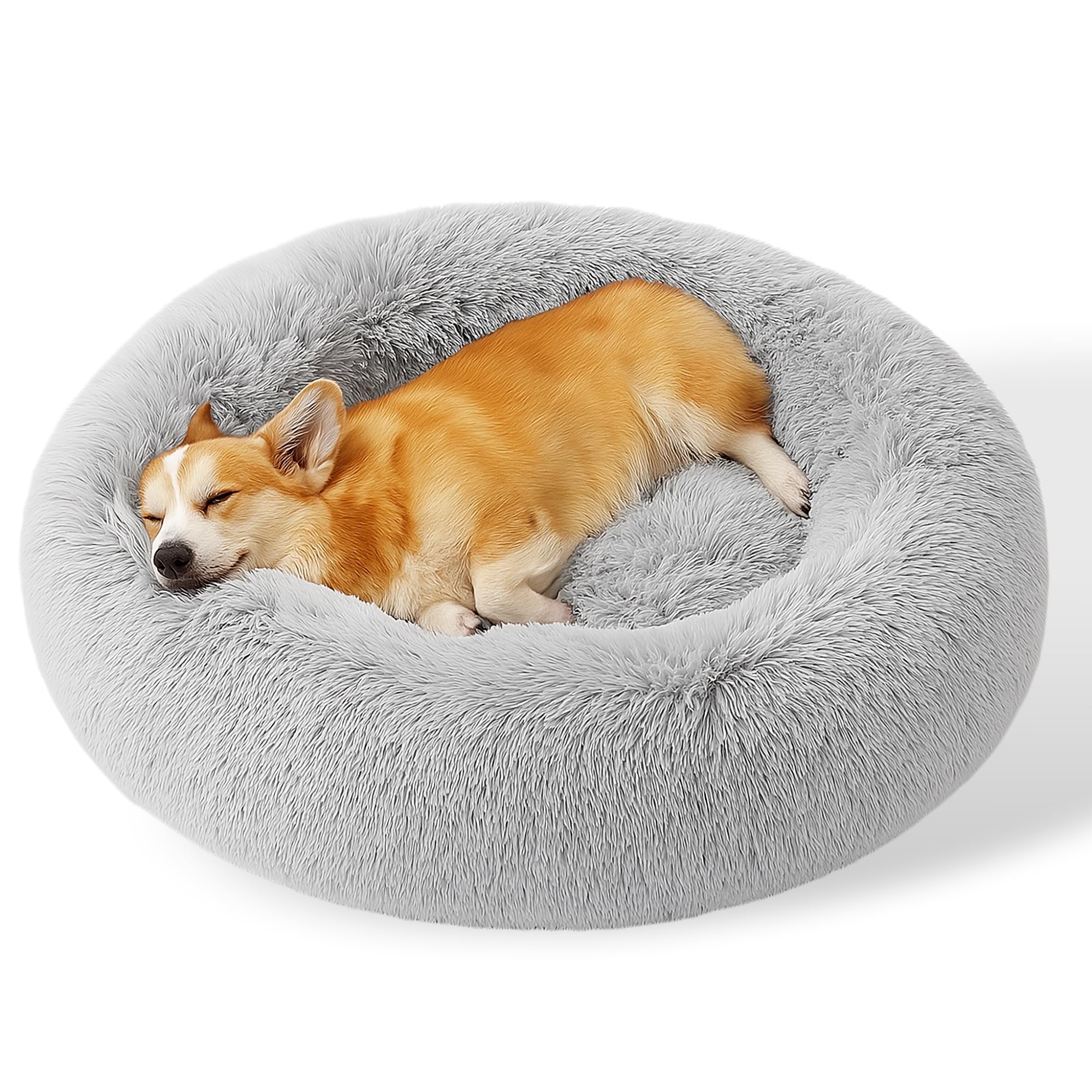 SEOUGEE Calming Donut Dog Bed, Fluffy Plush Round Cat Bed, Cosy Soft Washable Cushion Warming Pet Beds with Non-Slip Bottom, Indoor Sleeping Cuddler Nest for Small Medium Dogs (Grey 70cm)