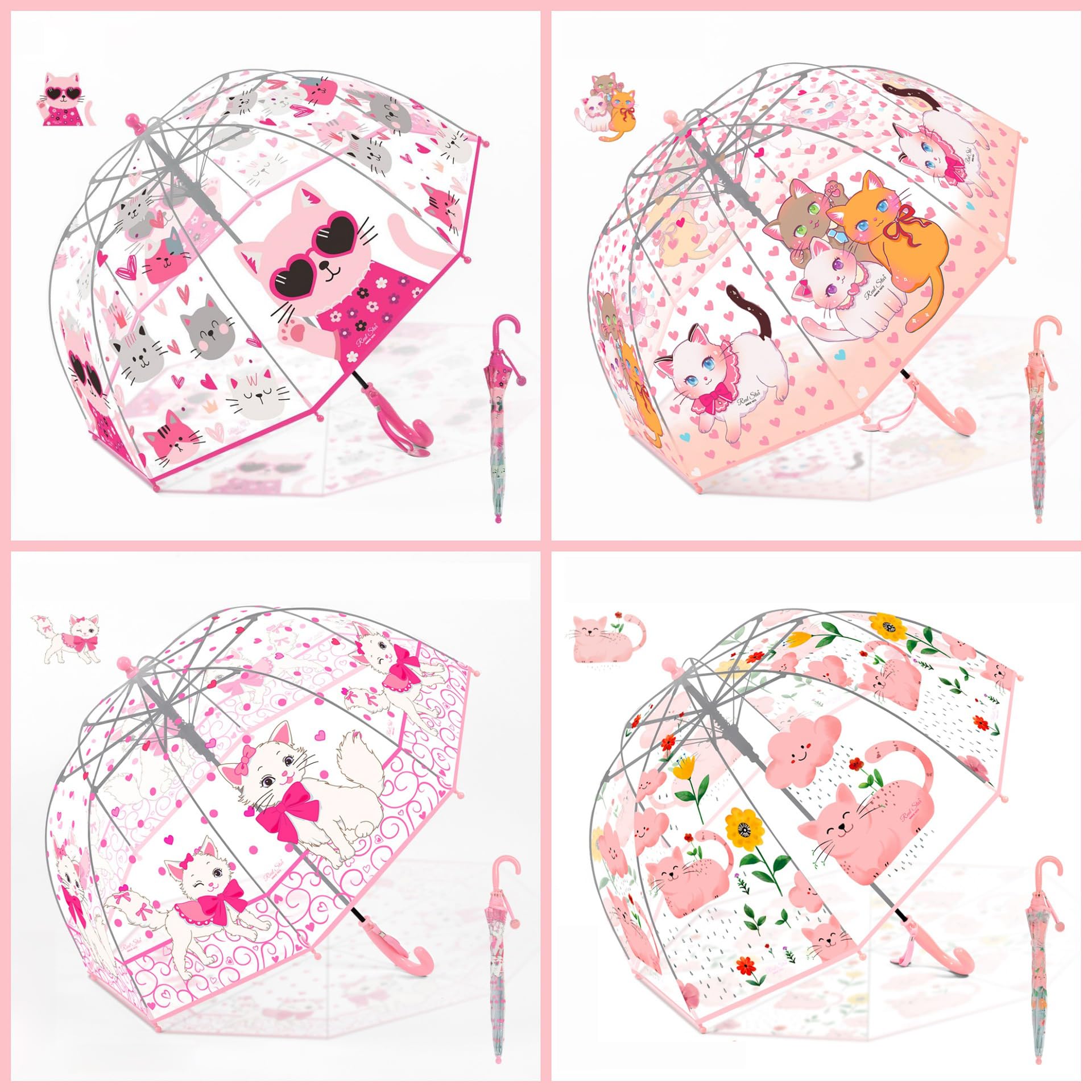 Chesoon Parapluie pour enfant Motif chat rose mignon Surface transparente en forme de bulle Toile bombée résistante au vent Filles âgées de 3 à 8 ans