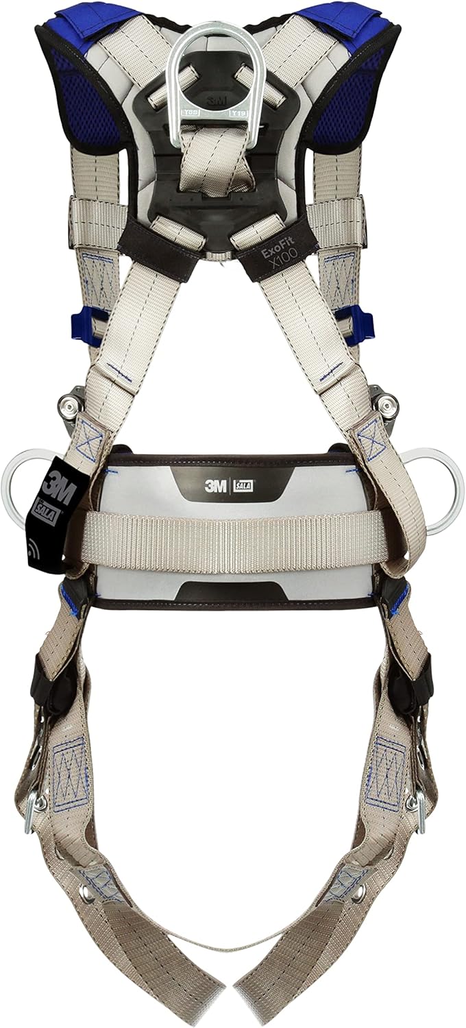 3M DBI-Sala ExoFit X100 Comfort Construction Climbing/Positioning Safety Harness Fall Protection with Body Belt, Hip Padding, Multiple D-Rings, Pass-through Chest and Tongue Leg Buckles,1401077, Large