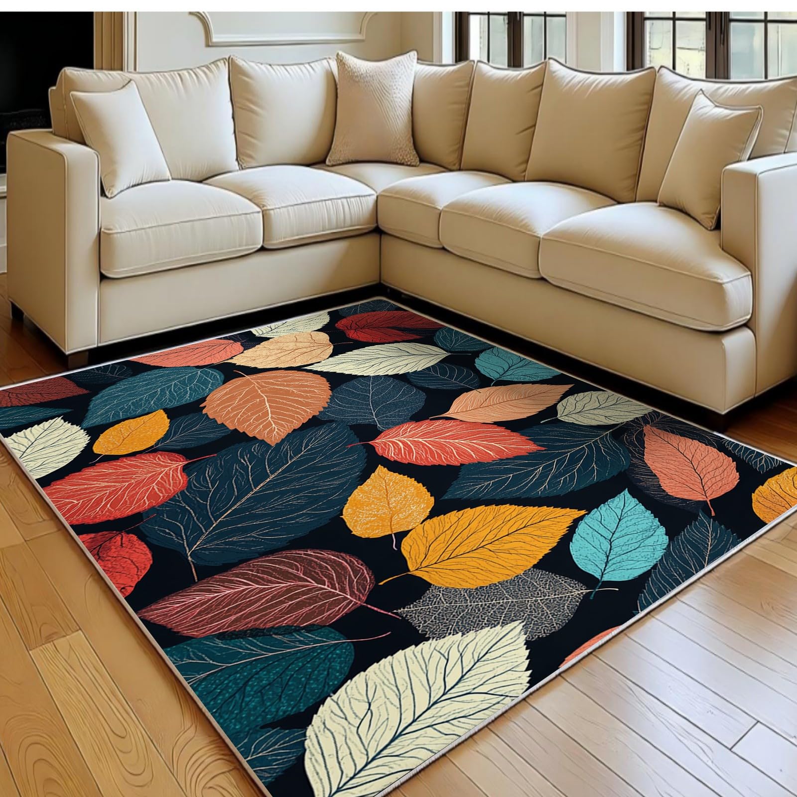 Grand tapis de chambre adulte 140x200 lavable motif feuilles d'automne bleu antidérapant