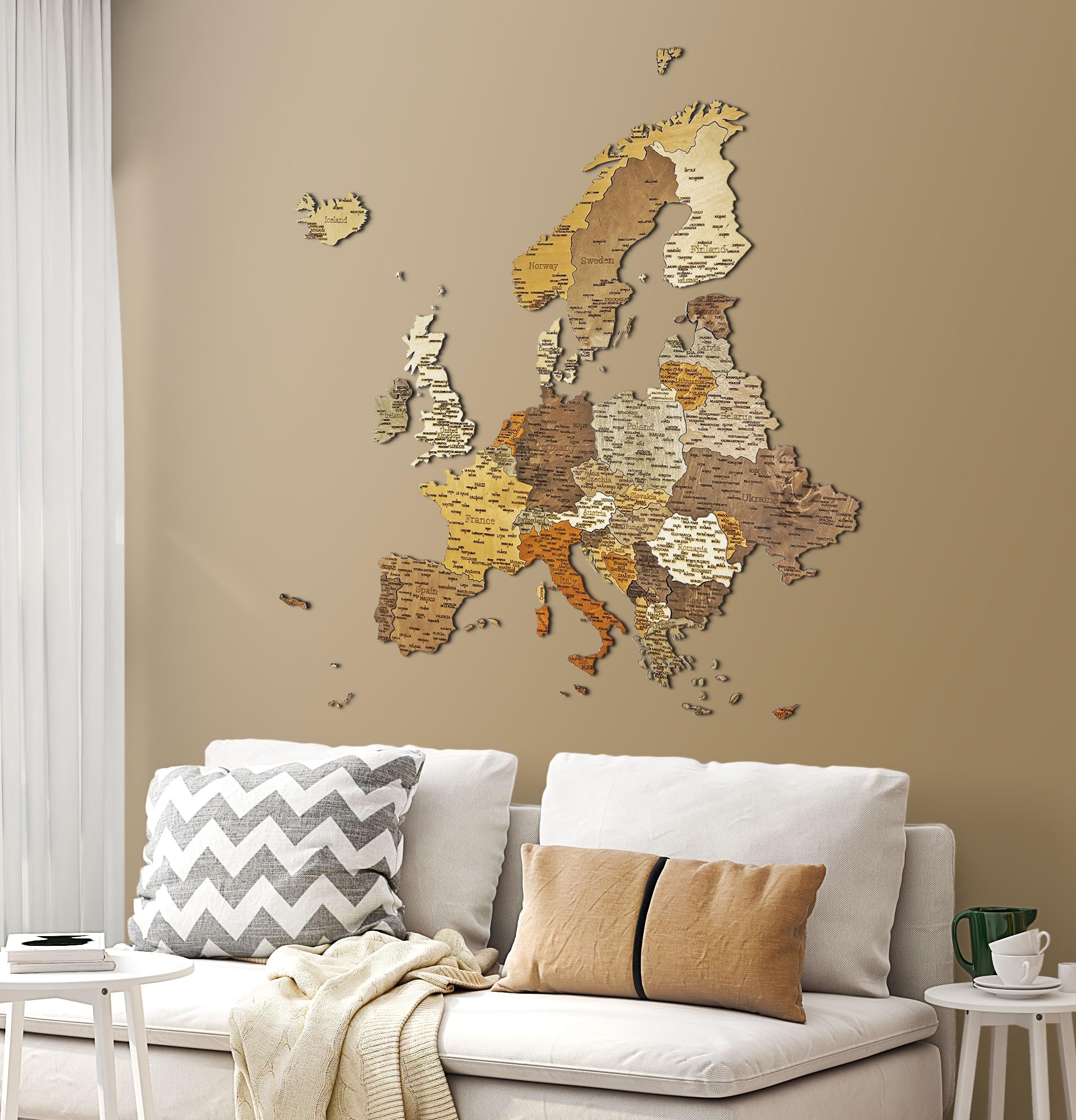 Natura Products 3D Mapa Europy z drewna – dekoracja ścienna w 2 rozmiarach, opcjonalnie z regionem Bliskiego Wschodu (Z regionem Bliskiego Wschodu)