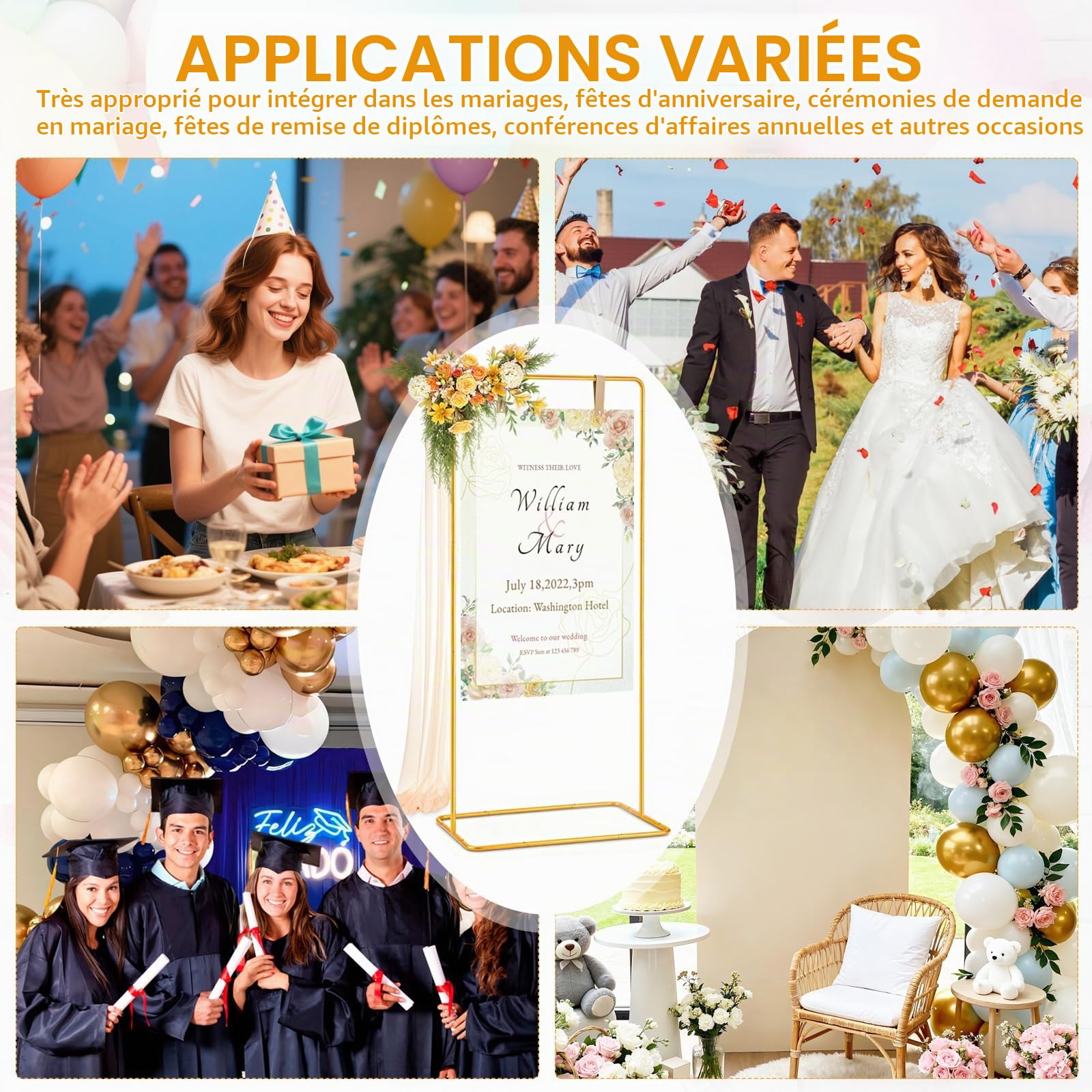 Présentoir Pour Panneau De Bienvenue De Mariage, 175x80x50cm Porte-Affiche De Mariage Ajustable En Métal Doré Avec 2 Sangles En Cuir Et Guirlande Lumineuse De 5M Pour Réception De Mariage