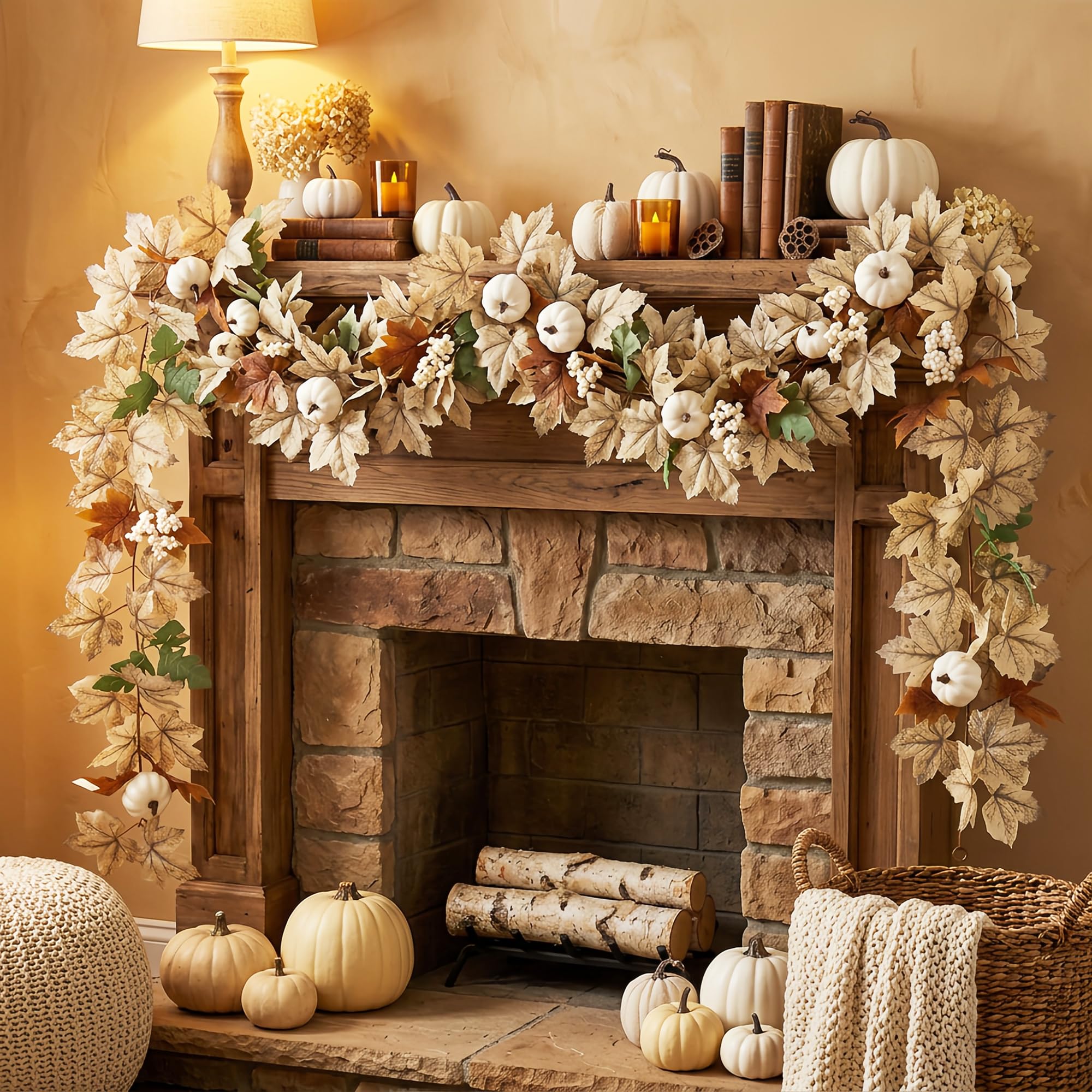 Neutral Autumn Decorations 2Pack Artificial Autumn Maple Leaves Garland for Fireplace Mantel Staircase and Table Autumn Party Supplies for Home Thanksgiving Harvest Halloween Decor Fall Wall Doorway