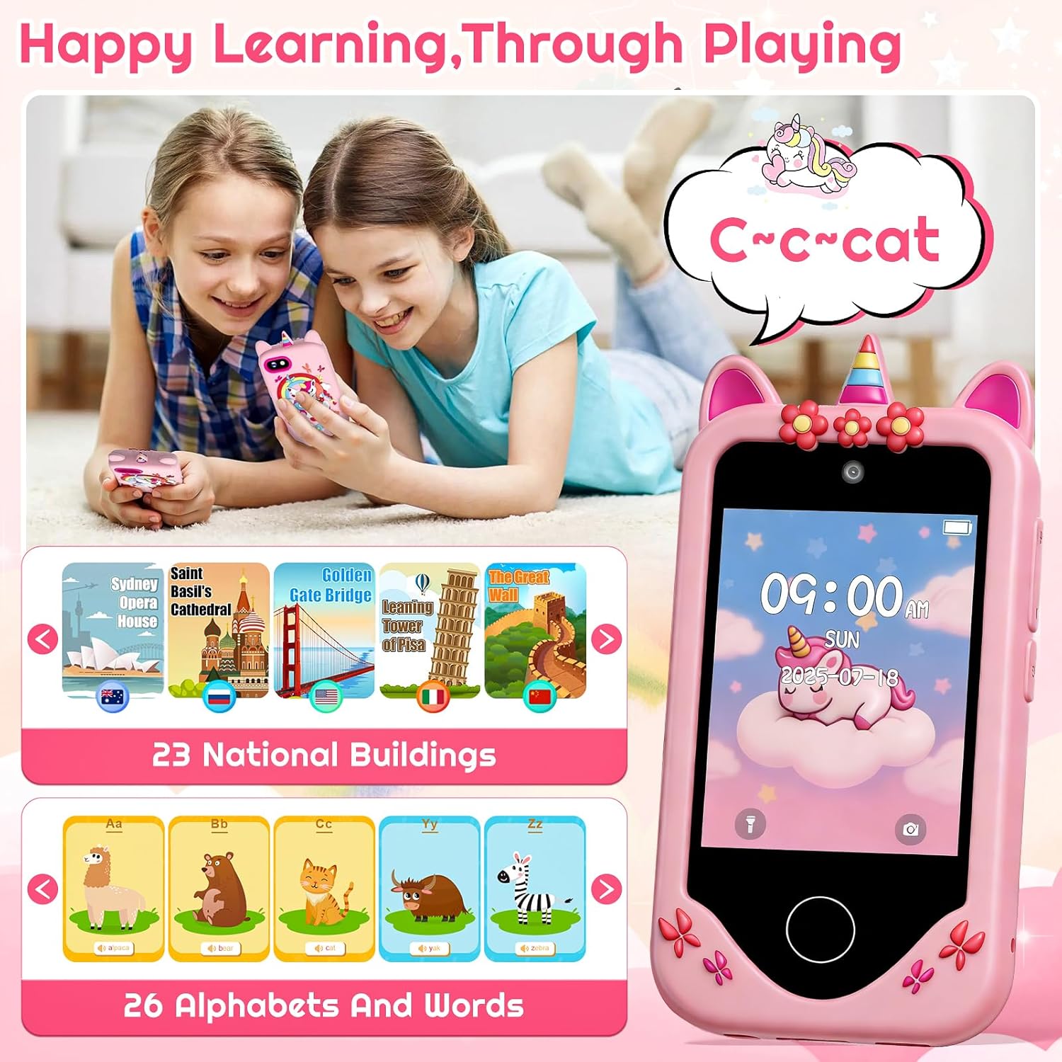 Kids Smart Phone for Girls, Touchscreen, 64GB Card Birthday Gifts for Girls Age 3, 4, 5, 6, 7, 8, 10 Year Old, Toddler Educational Learning Toys Phone with Dual Camera, Game, Music Player
