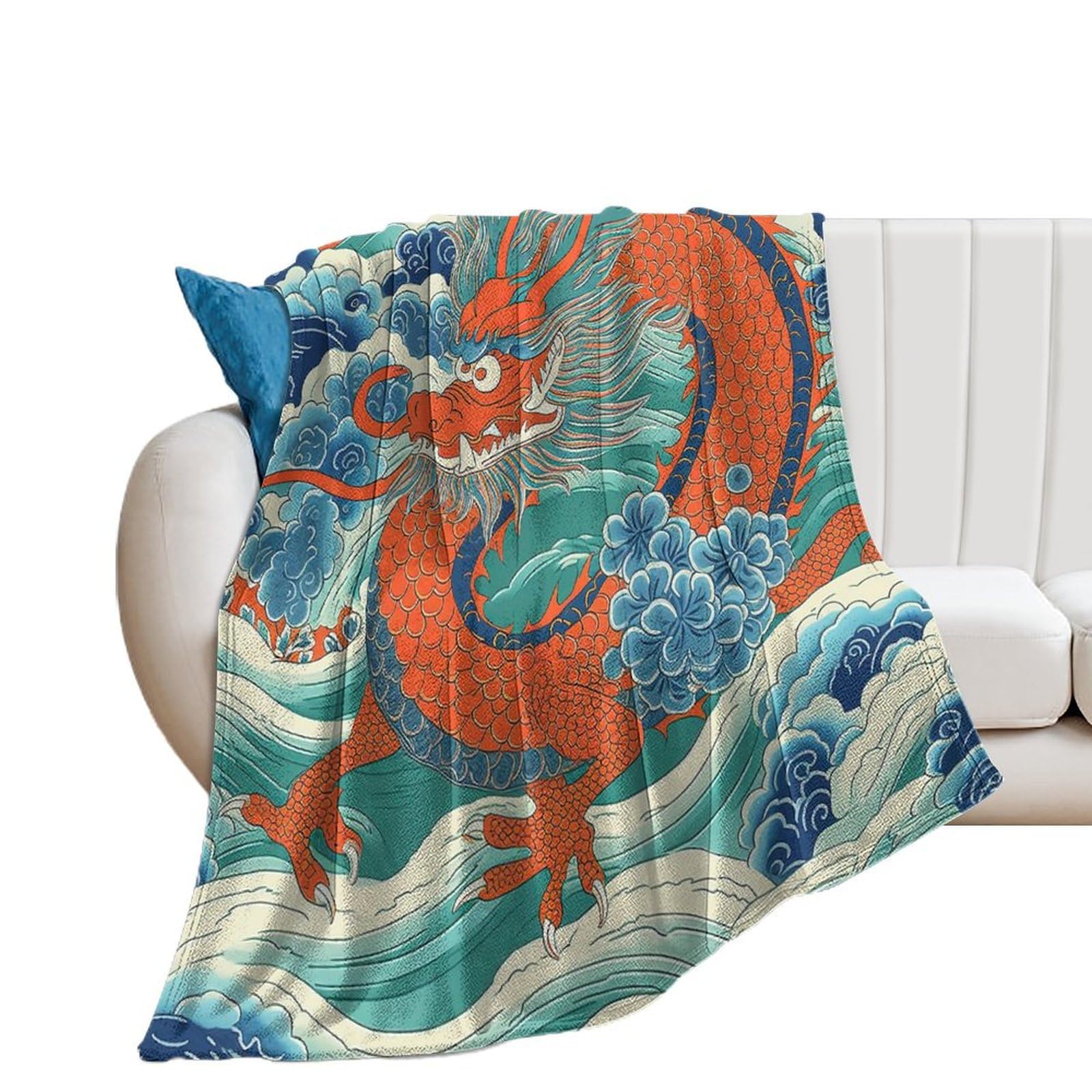Plaid flanelle thermique turquoise et orange dragon