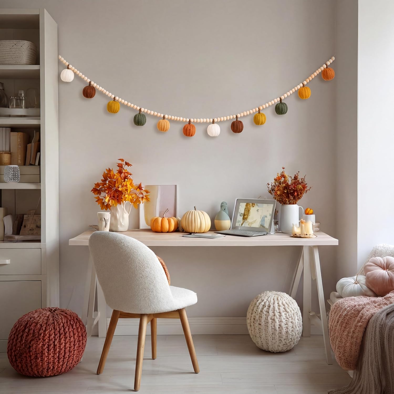 ZenNex Halloween Garland,Crochet Pumpkins Garland with Wood Bead,Earth Tone