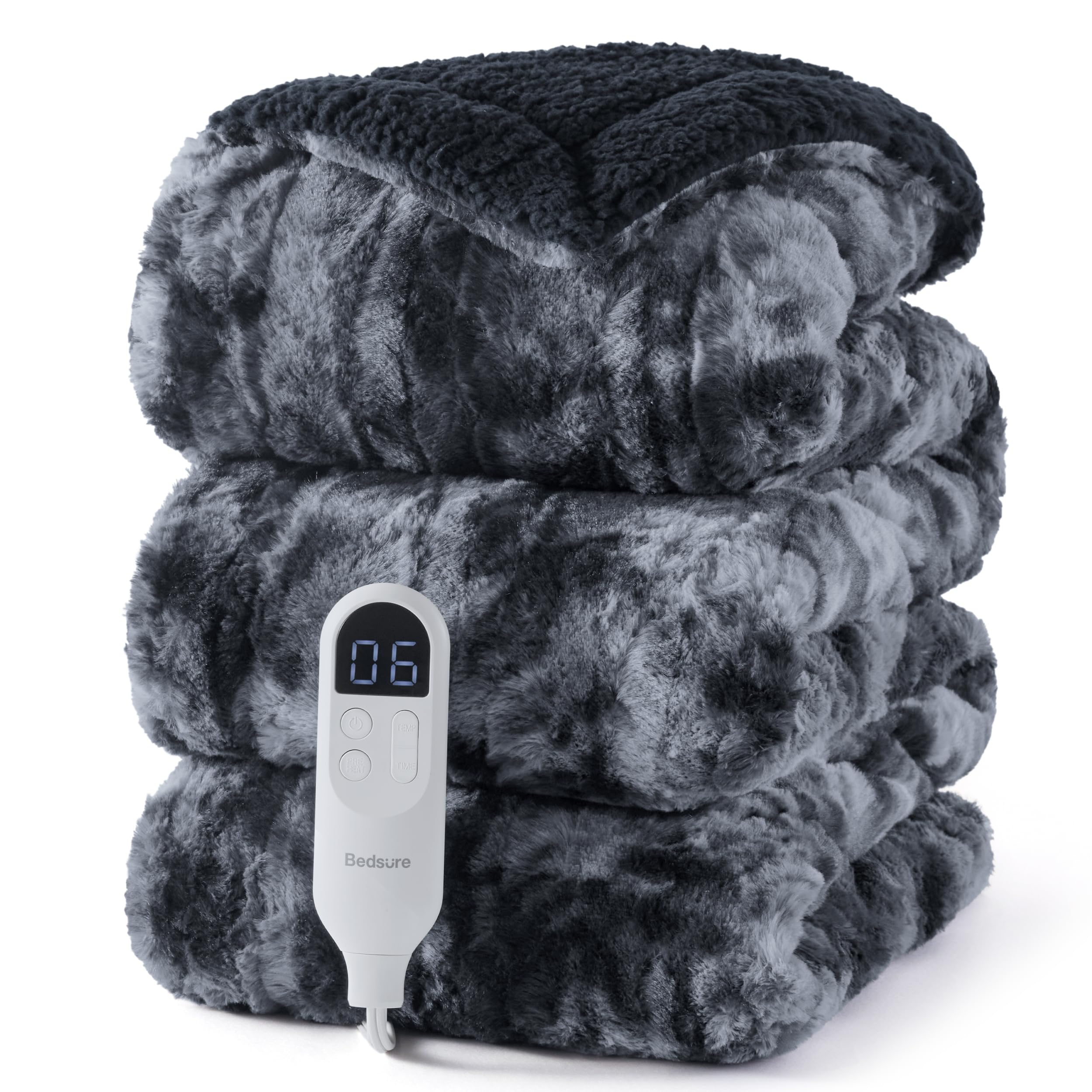 Bedsure Faux Fur Heated Blanket Full Size, Tie-Dye Electric Blanket, Black