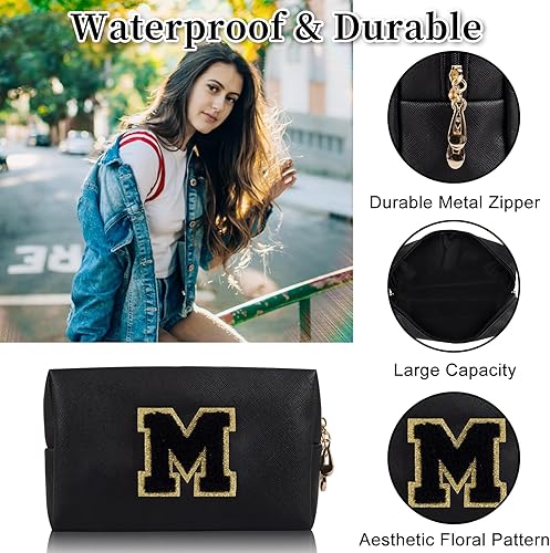 Miniatura 3 de Bolsa de maquillaje personalizada con parche de letra inicial, bolsa de cosméticos con cremallera, NegroNegro-Letra, Moda