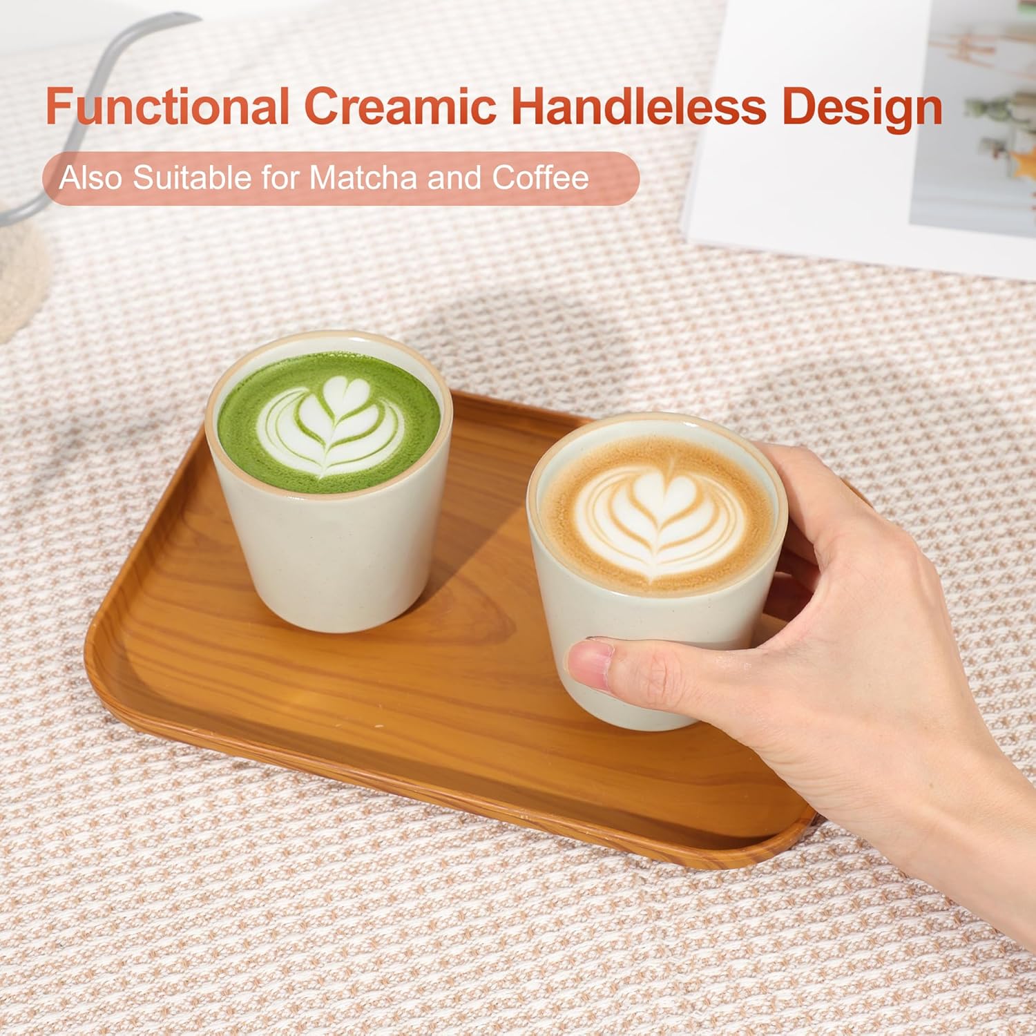 6.75oz Janpanese Tea Cup Set of 4, Ceramic Matcha Cup for Hot Tea and Matcha, Handle-less Espresso Cups Set, Beige
