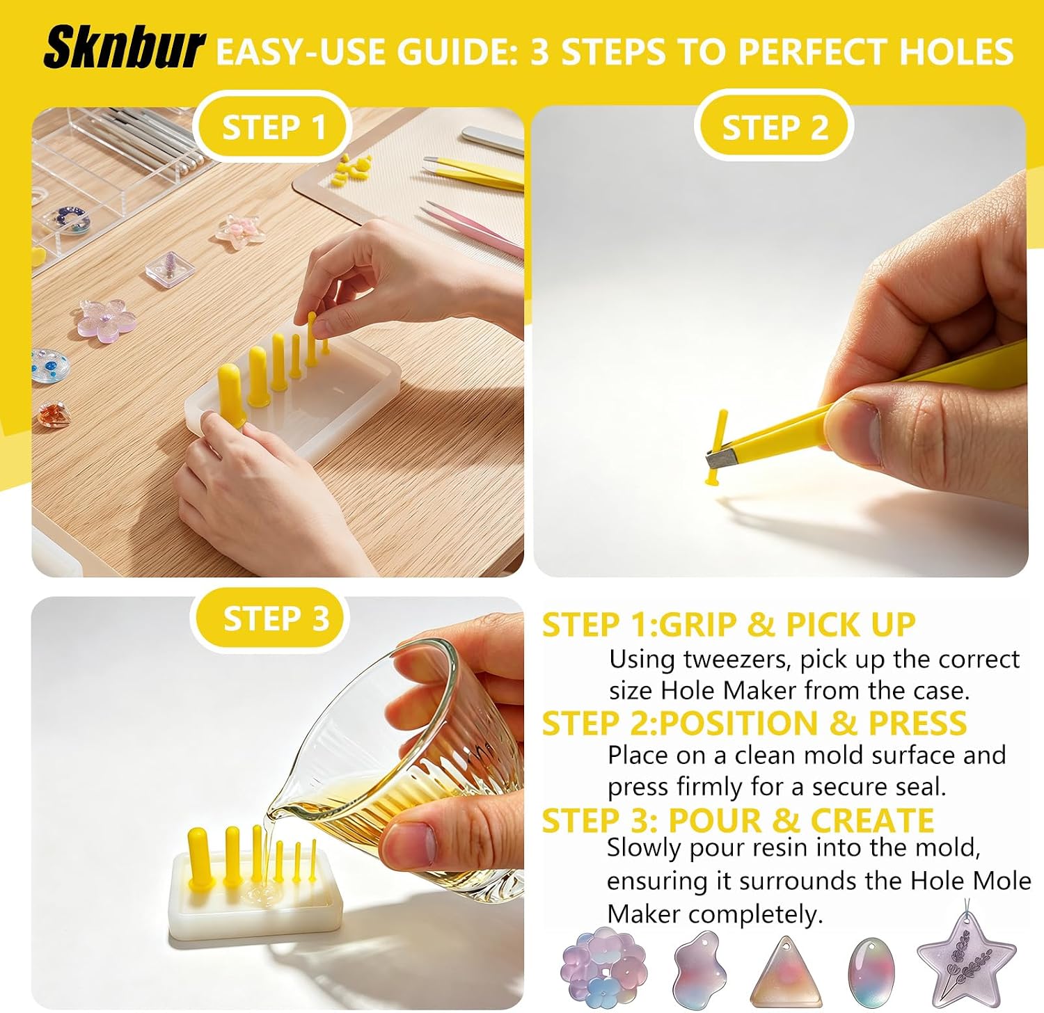 31 PCS Resin Hole Maker (1.5/2/3/4/6/8mm)) with Tweezers - Drill-Free Silicone Tools for Epoxy/UV Resin Jewelry, Keychain, Pet Tags 6 Sizes w/Suction Base Beginner-Friendly DIY Craft Kit （Yellow）