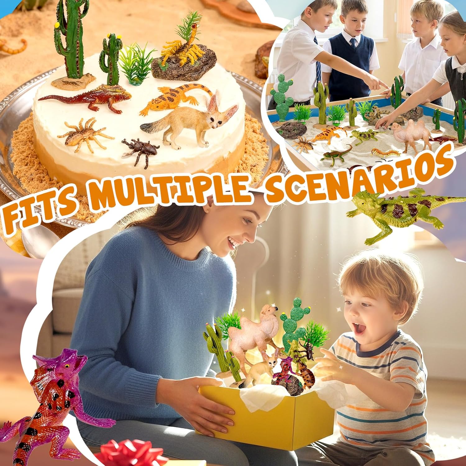 34 Pcs Desert Animals Figurines Set Model Trees Kit Desert Diorama Supplies Animals with Tree and Cactuses Figurines Resin Insects for Diorama Birthday Party