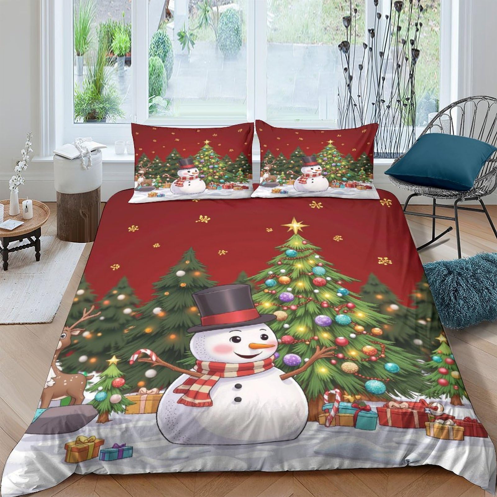 TUFRTGYHN 3D Printed Christmas Tree Snowman Duvet Cover Microfiber Soft Breathable Gift Bedding Set with 2 Pillowcases for Bedroom Decor, Red Green Single（135x200cm）