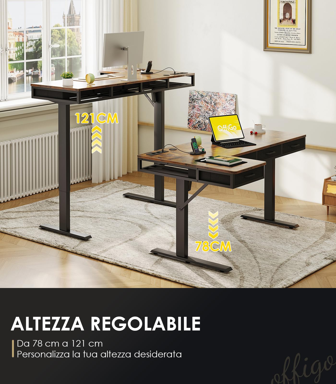 OffiGo Scrivania Angolo Regolabile in Altezza con Cassetti, 140cm, Marrone | Scrivania Angolare Regolabile con Presa per di ricarica USB, Standing Desk a L per Ufficio e Studio, porta Canalina Nascosta