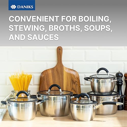 Miniatura 7 de Daniks Orlando - Juego de utensilios de cocina de inducción de acero inoxidable de 10 piezas, apto para lavavajillas, ollas con asas resistentes al