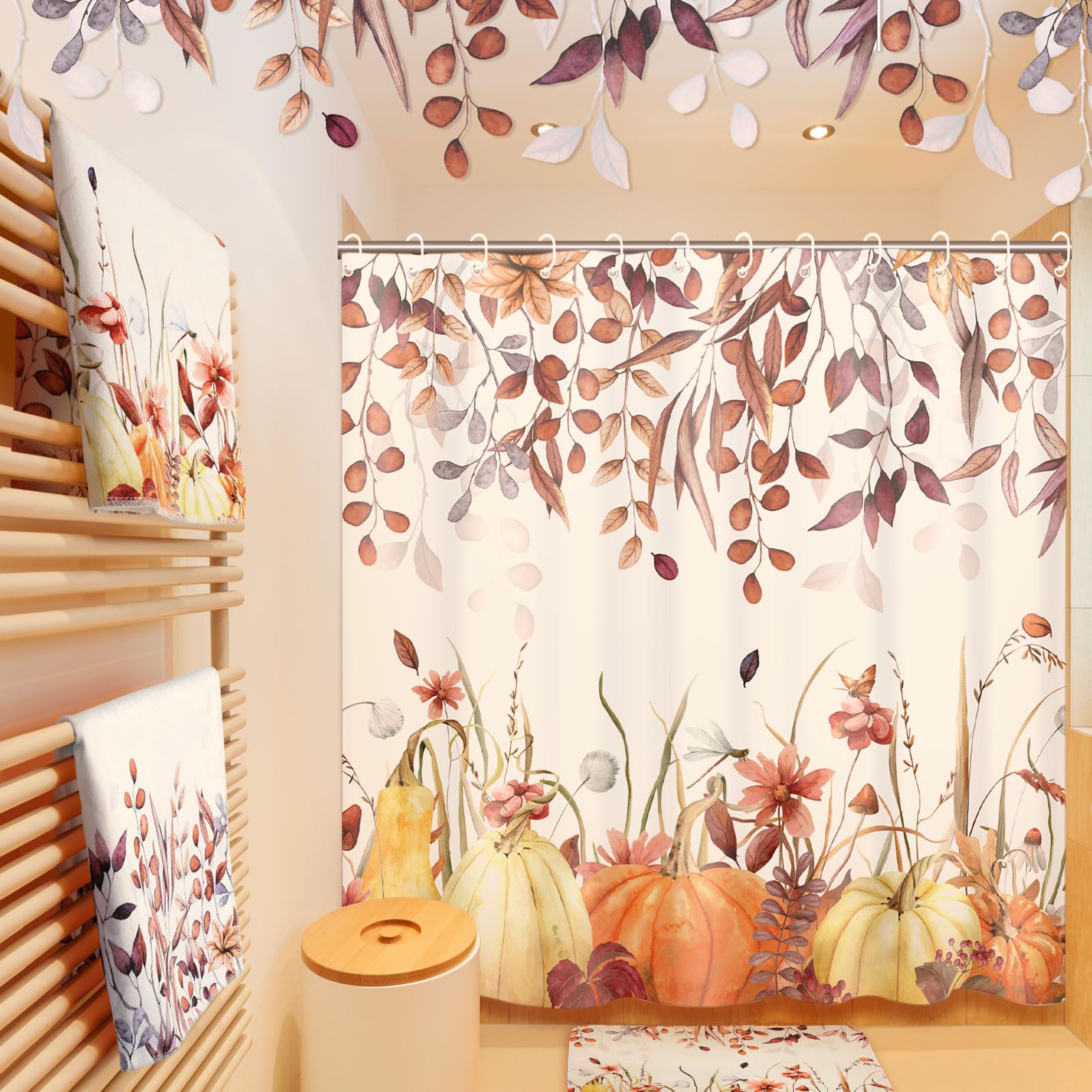 Juego de 7 cortinas de ducha de calabaza de otoño, juego de baño de calabaza vintage, juego de cortina de baño de Acción de Gracias, incluye toallas, alfombras antideslizantes, cubierta para 5