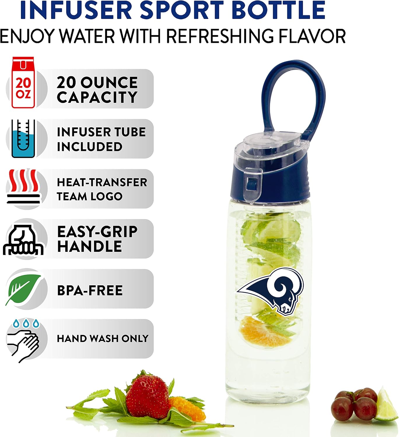 Duck House NFL Fan Shop NFL Fruit Infuser Sport Water Bottle | Food Grade Material | Leak-Proof Flip Top Lid | Removable Infusion Rod | Easy to Clean | BPA-Free | 20oz