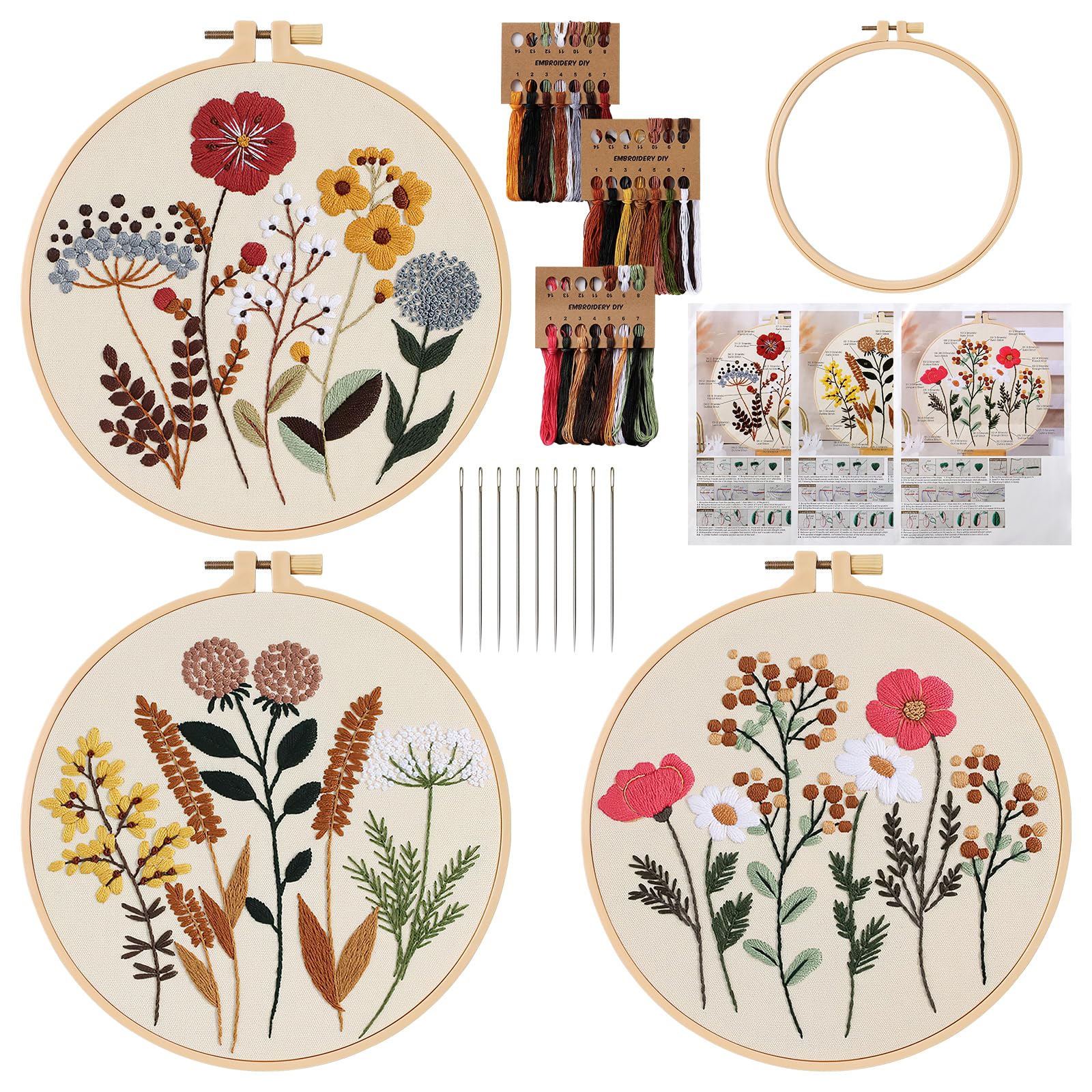 LOMOHOO 3 Pack Embroidery Kit for Beginners,Floral Embroidery Starter Kits for Adults with Hoops Threads and Needles,DIY Kit for Beginners