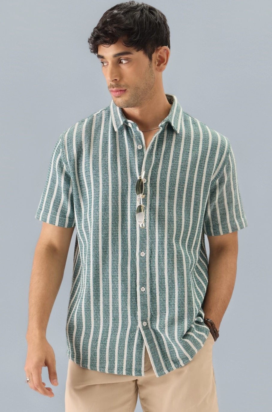 TSS Originals: Stripes Green Printed Men and Boys Collared Long Sleeve Button Down Regular Fit Shirts Shirts Casual Button-Down Half Sleeve Printed Graphic Short Sleeve Casual