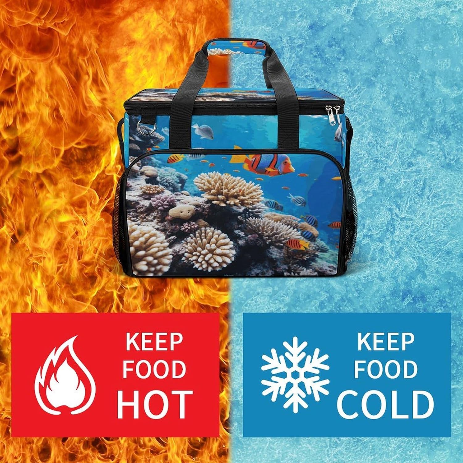 Ocean Tropical Fish Coral Lunch Box Large Capacity Insulated Cooler Bag Lightweight Portable Ice Chest Box Waterproof Collapsible Ice Chest Travel Cooler for Camping Dinner Party