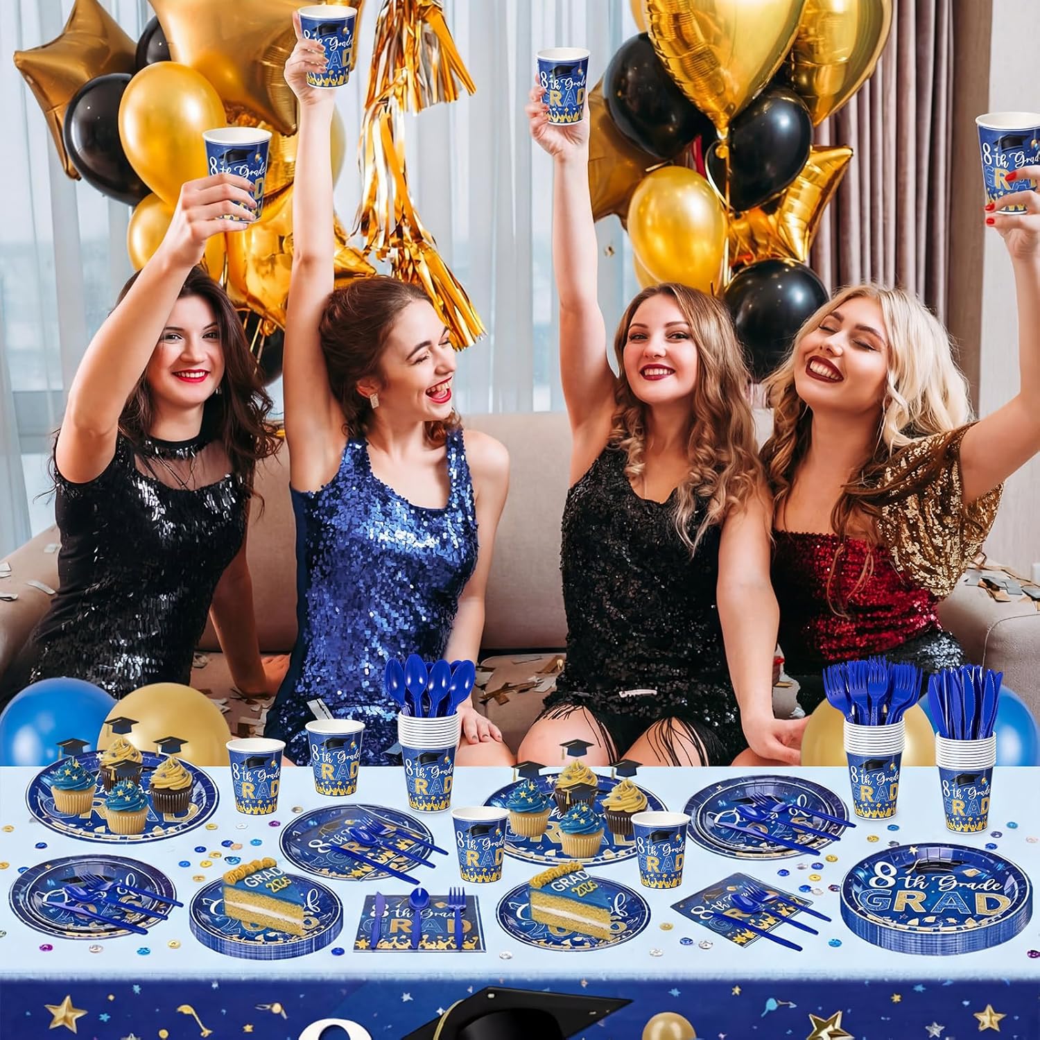 Jingmore 175 Pcs 8th Grade Graduation Party Supplies 8th Grade Graduation Decorations Tableware Class of 2026 Middle School Plates and Napkins Cups Knives Forks Spoons for Grad Party Serve 25 (Blue)