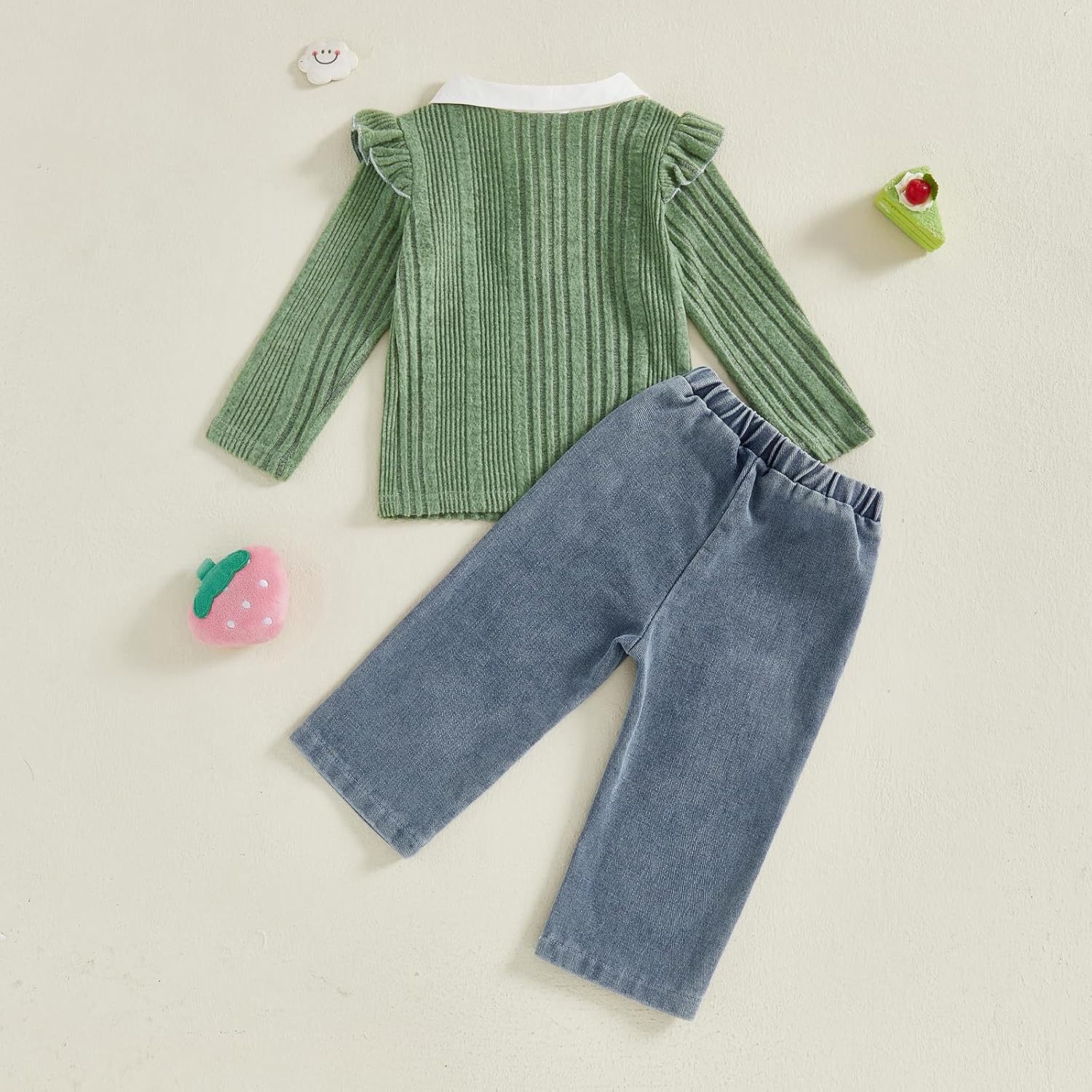 fhutpw Baby Toddler Girl Clothes Knit Ribbed Lapel Collar Long Sleeve Ruffle Pullover & Embroidery Jeans Fall Winter Outfits - Image 3