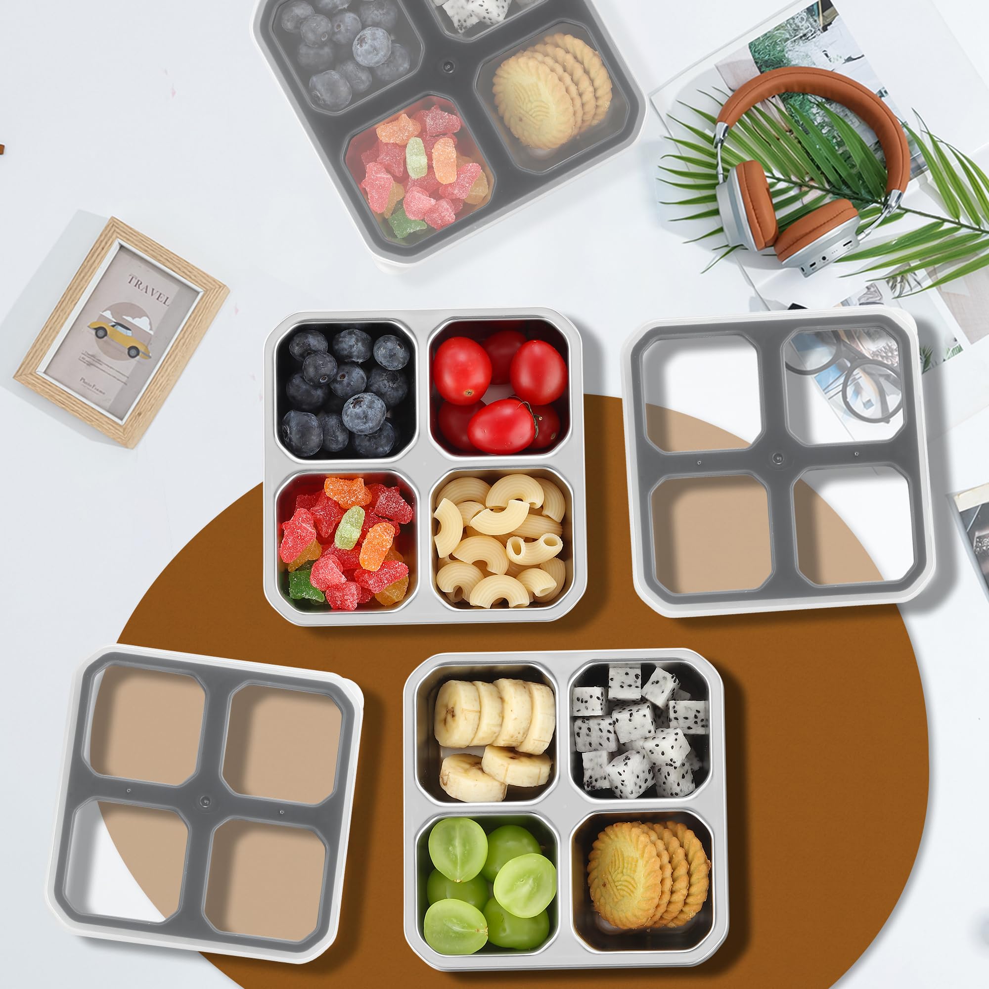 Misichao Edelstahl Snackbox mit 4 Fächern, 400ML Snackdose Kinder, Brotdose Erwachsene, Lunchbox Spülmaschinenfest BPA-Frei (Grau x 4)