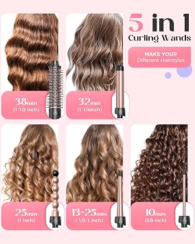 Lopeie 5 in 1 Curling Iron with Thermal Brush and 4 Interchangeable Ceramic Barrels(1/2 to 1 1/2 inch), Curling Wand Set, Fast Heating, Dual Voltage Hair Curler, Gifts for Women