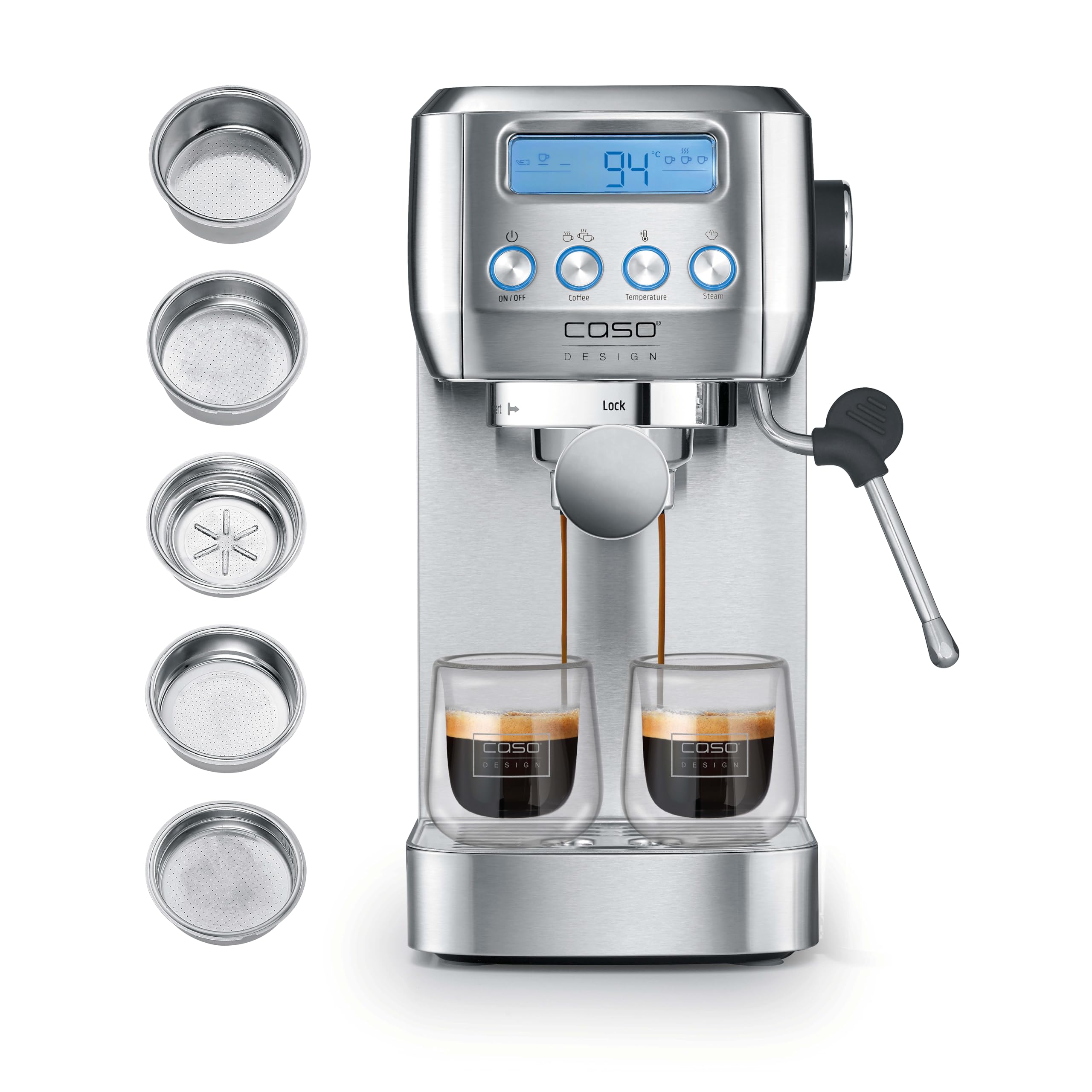 Caso EspressoGourmet Crema - Siebträgermaschine, Espressomaschine, mit Milchaufschäumer, Espresso, Cappuccino, Siebträger aus Edelstahl, 20 bar ULKA-Pumpe, Kaffeemaschine Kaffeepulver, ESE Pads