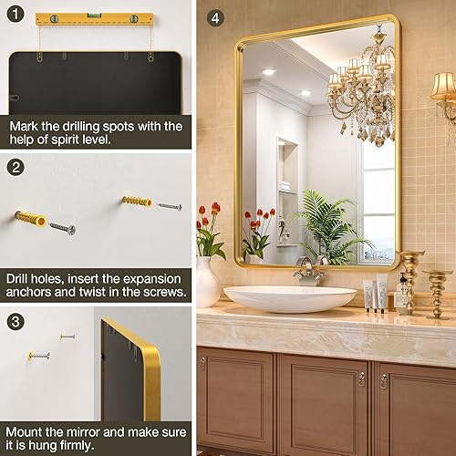 Miniatura 7 de Brightify Espejo de baño dorado para pared, marco de metal rectangular de 20 x 28 pulgadas, espejo de tocador dorado para montaje en pared, vertical