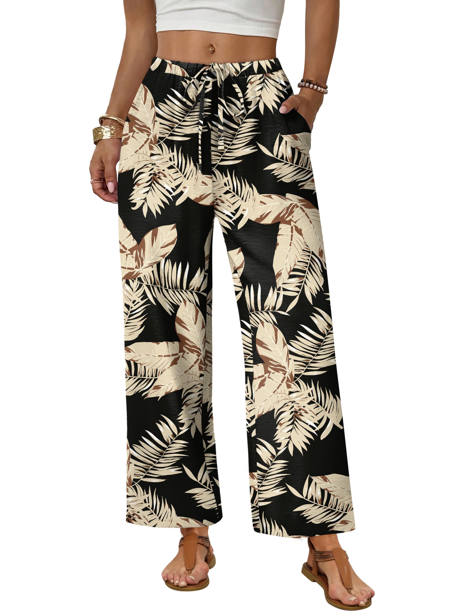Sampeel Wide Leg Pants Women Casual Palazzo Drawstring Elastic Waist Trousers with Pockets Summer Beach Vacation Clothes — view 15
