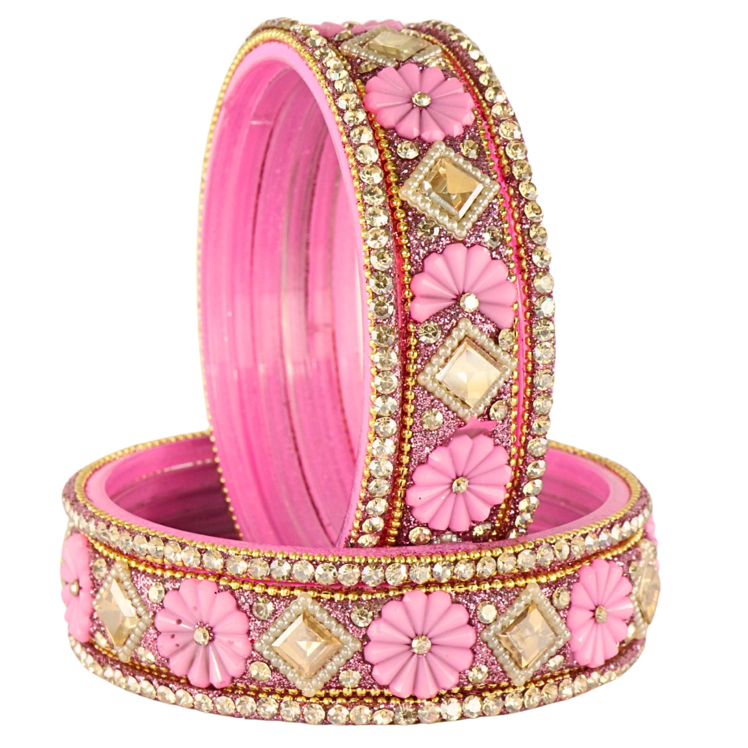 ZULKA Ladies Kangan Set | Colourful Glass Bangles | Trendy Chudi For Girls - Set Of 6 (ZU_JN40-Flowerset-Pink-2.8)