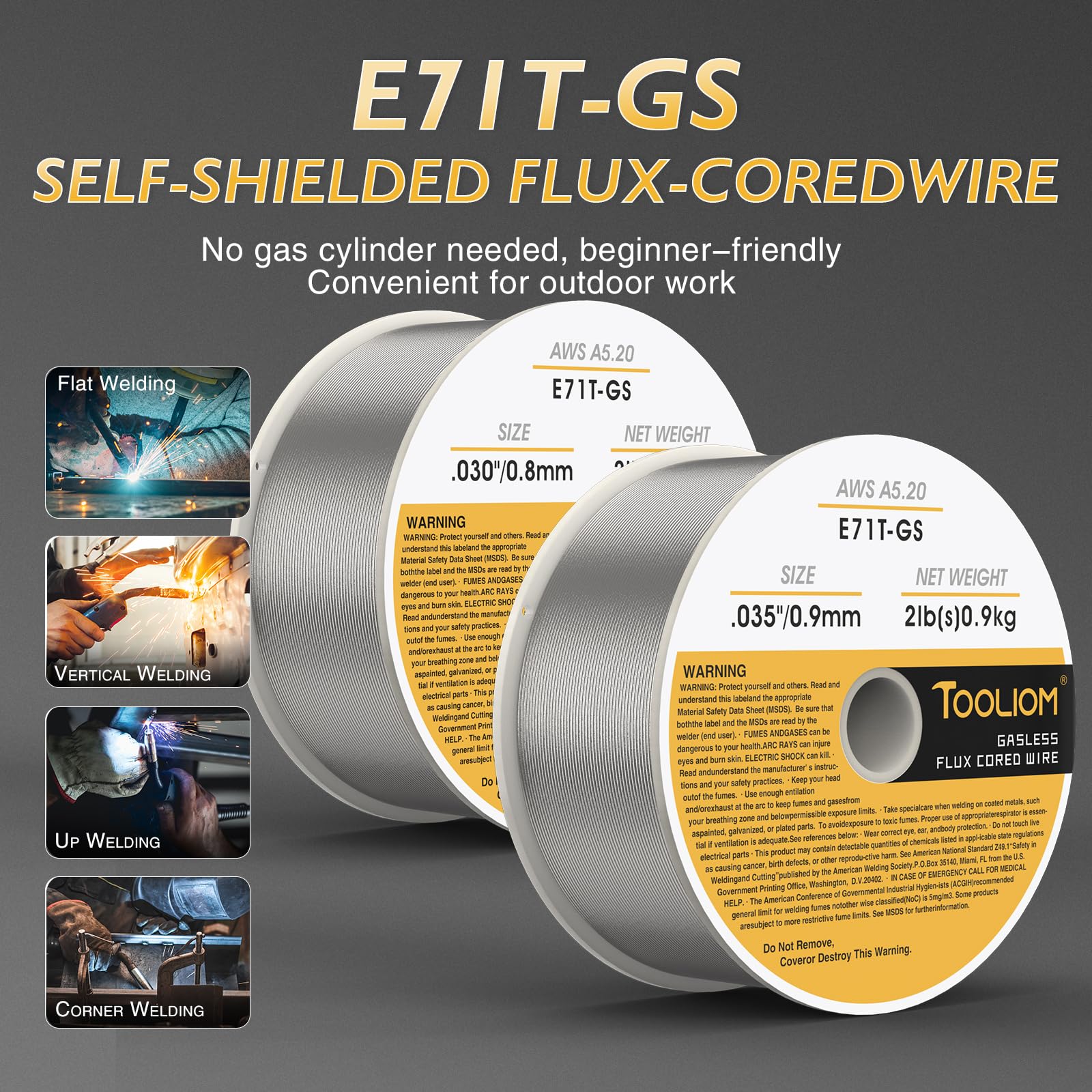 TOOLIOM E71T-GS 0.76.2 cm+0.88.9 cm alambre de soldadura de núcleo de flujo sin gas 0.9 kg | Solda acero al carbono en todas las posiciones, mínimo salpicaduras, fácil eliminación de escoria