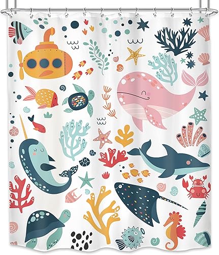 Miniatura 6 de Cortina de ducha para niños, océano, verano, linda ballena de dibujos animados, divertida decoración de baño para guardería, niños y niñas,