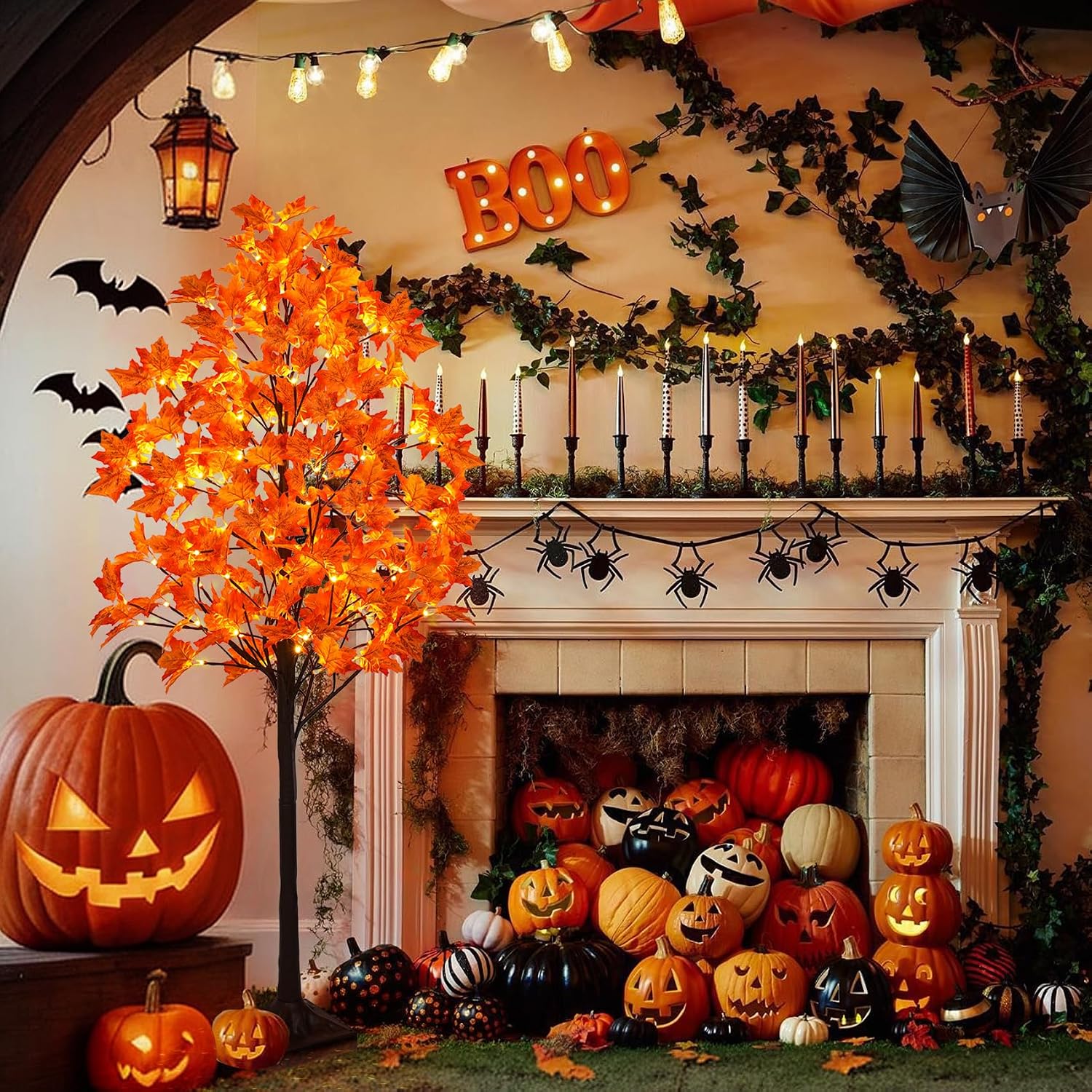 5FT Artificial Lighted Maple Tree with 96 LED & 192 Ultra-Dense Maple Leaves - Fall Decorations Maple Tree with Warm White Light for Home Thanksgiving Autumn Harvest Decor Indoor Outdoor