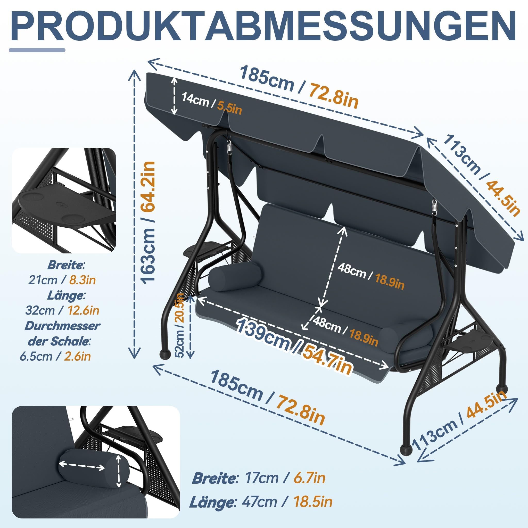 LZQ Hollywoodschaukel 3-Sitzer Grau mit Liegefunktion, verstellbares Sonnendach, inkl. Kissen & Tabletts, rutschfeste Standfüße, Outdoor Schaukelbank für Garten, Terrasse, Pool und Veranda