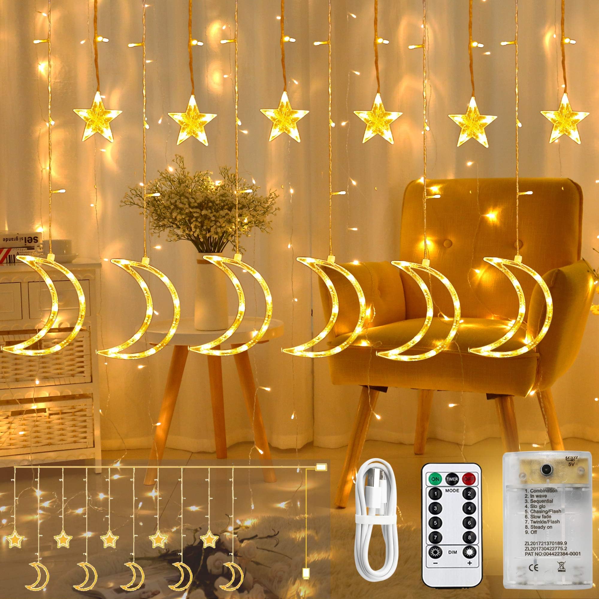Areskey Star Moon Curtain Lights, 138 LED Moon Star Christmas Lights, Star Light Decoration Wedding Christmas Tree Party Garden Indoor Outdoor,Moon Lights USB Battery Operated,8 Modes RemoteWarm White